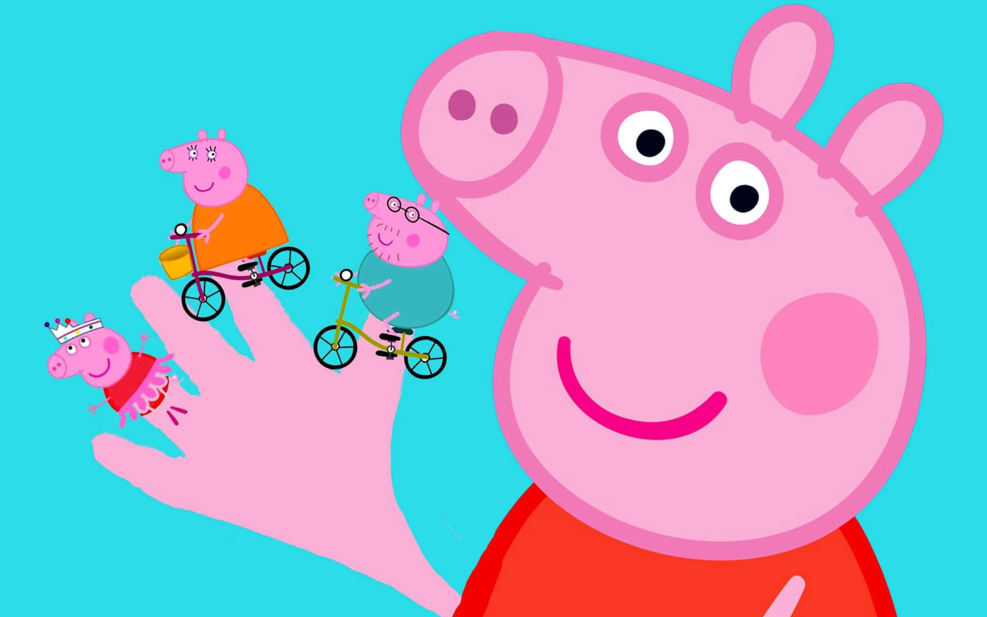 Peppa Pig 用手指托住家人，他們在騎單車。
