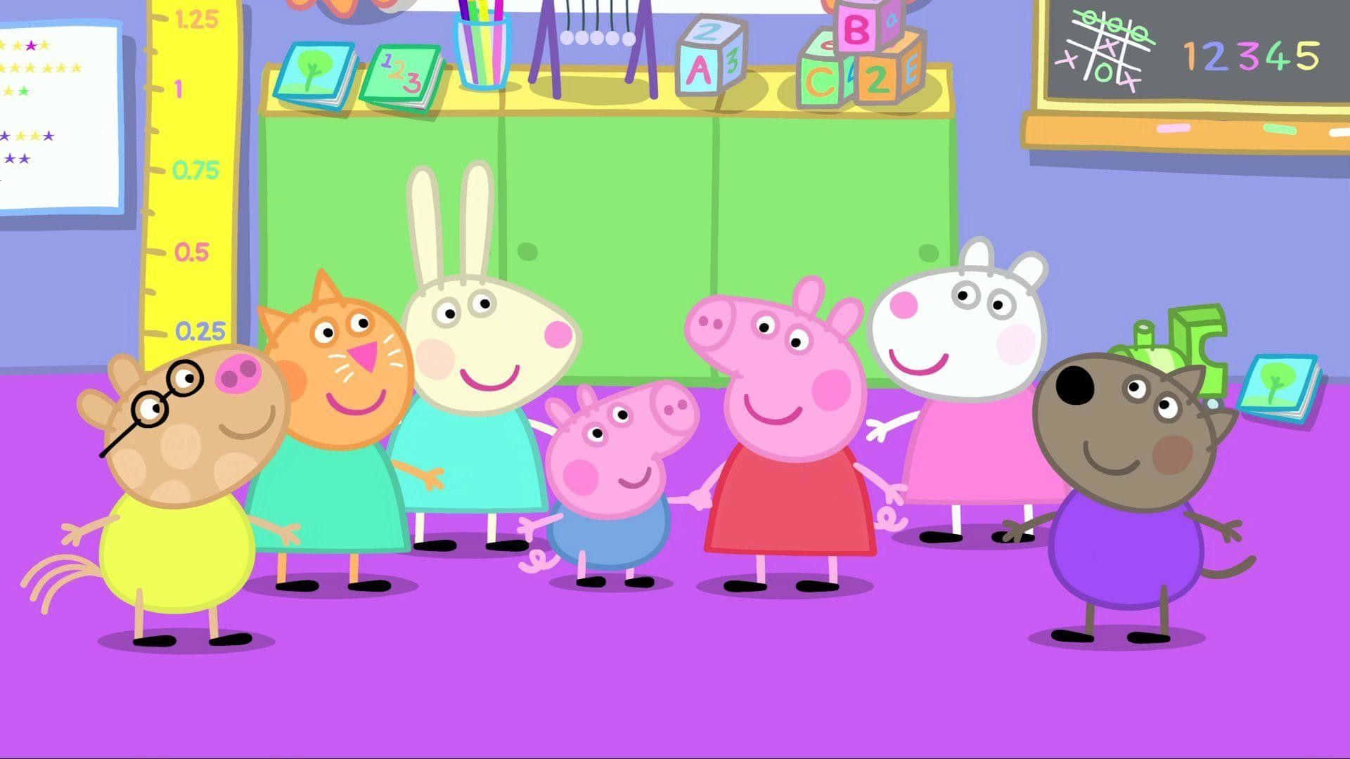 Peppa Pig 和朋友們在色彩繽紛的教室裡與教育玩具一起。