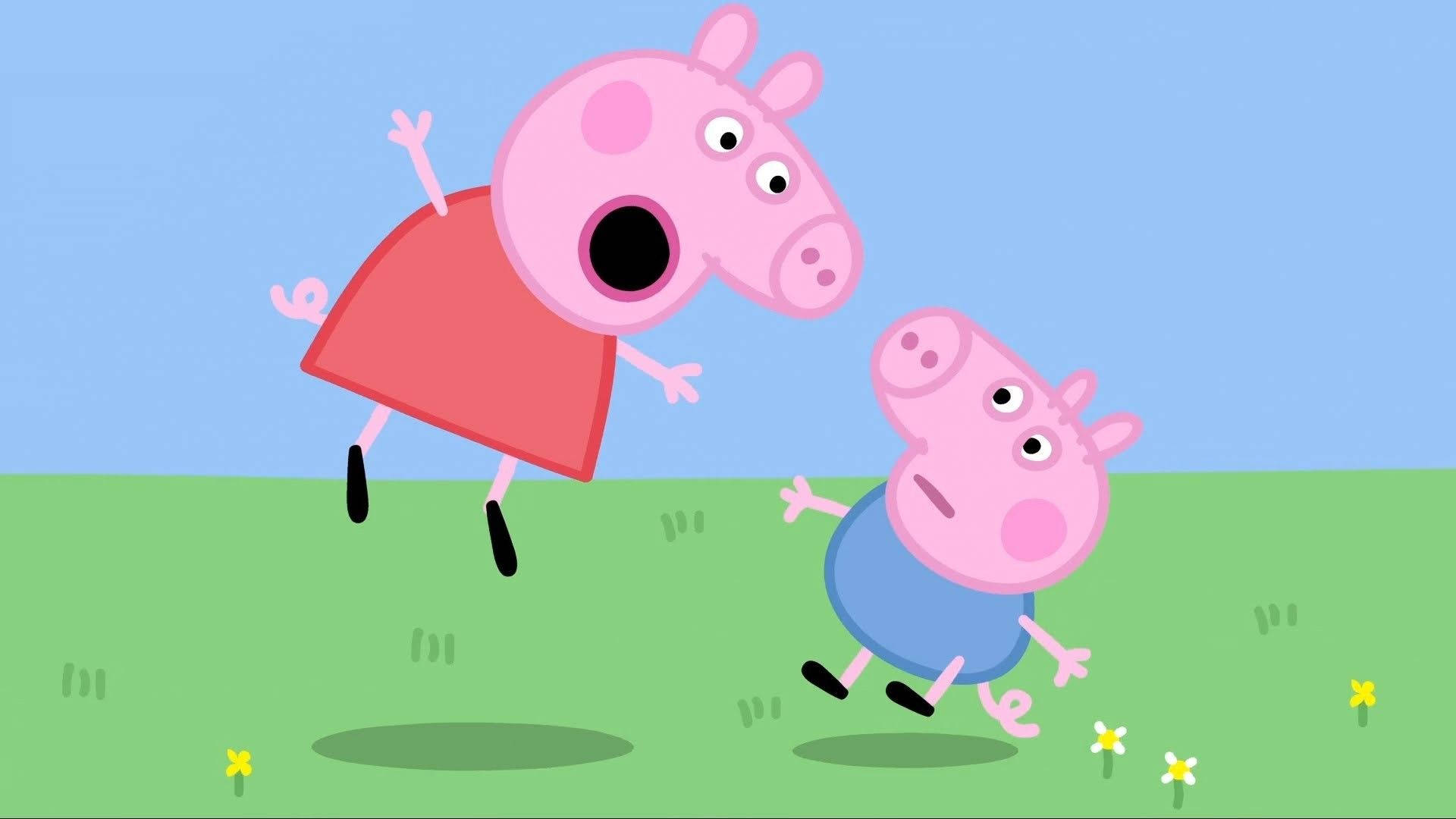 Peppa Pig 和 George Pig 在蒲公英盛開的草地上跳躍。