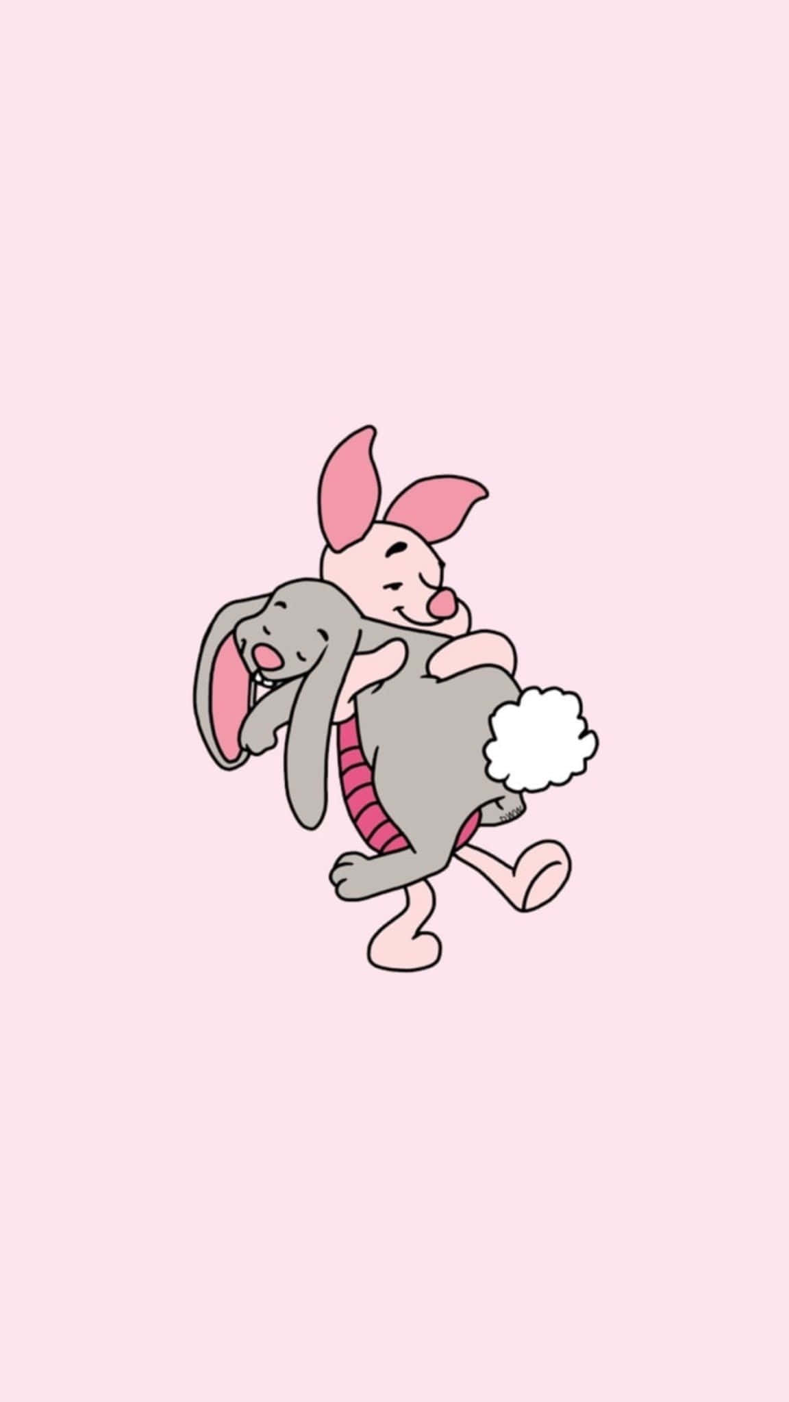 Cute Cartoon Characters 桌布 壁紙 — 小豬快樂地擁抱一隻有粉紅色耳朵的灰色兔子，背景是柔和的粉紅色。