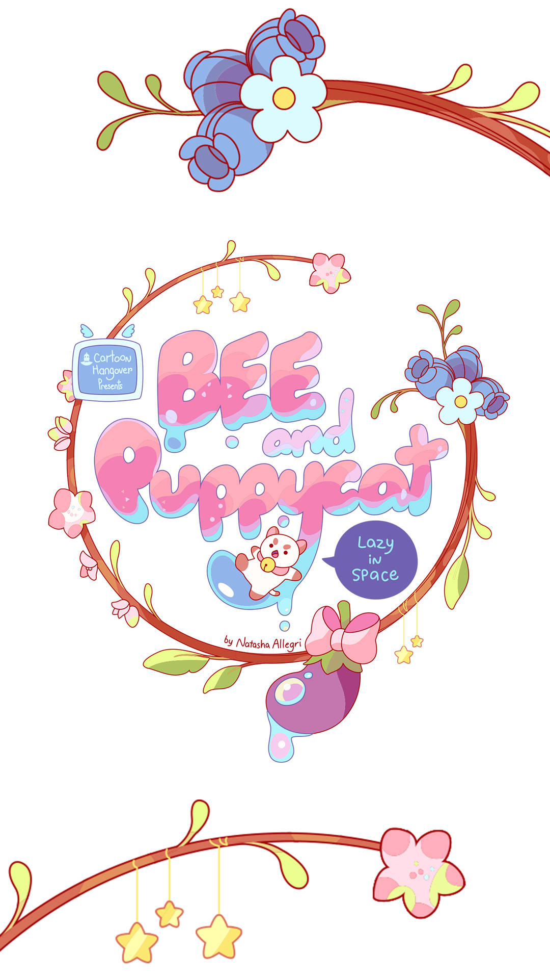 Bee and Puppycat 標誌，可愛角色在花卉花環中，配有星星