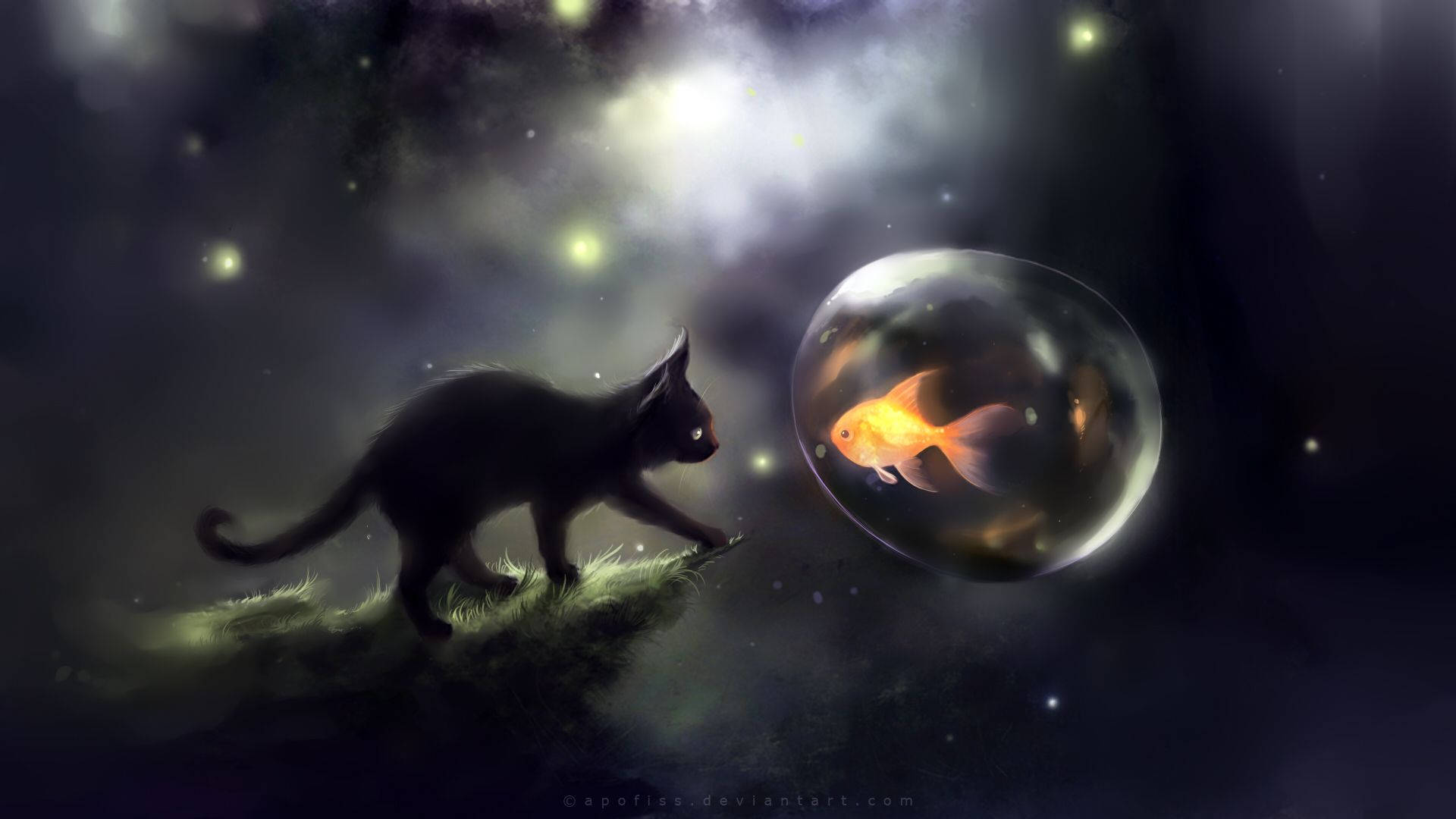 黑貓在星光燦爛的太空場景中觀察一個帶有金魚的發光泡泡。