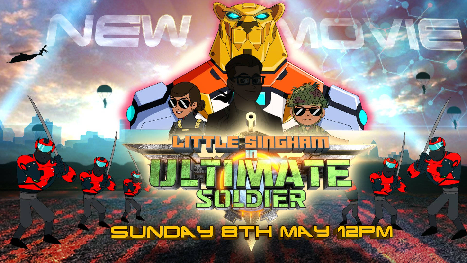 《Little Singham Ultimate Soldier》動畫電影海報，英雄和士兵在行動中。