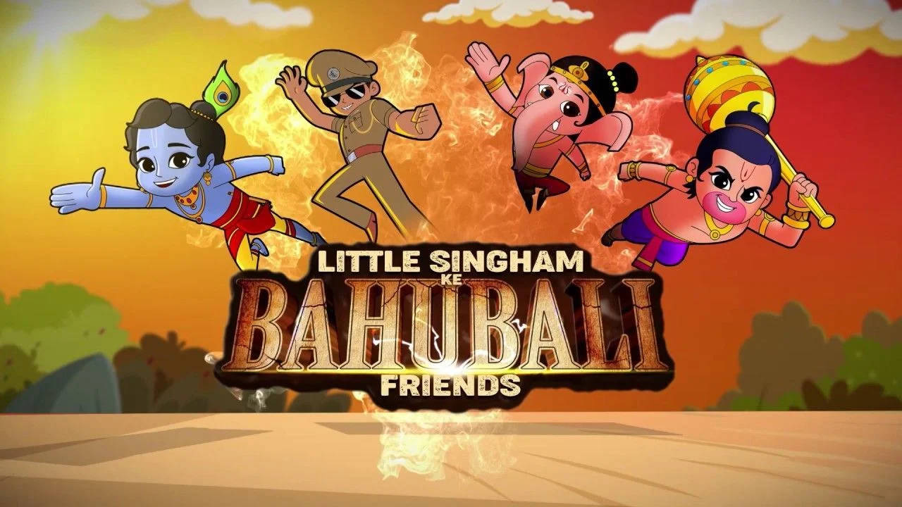 來自 Little Singham Ke Bahubali Friends 的四個卡通角色在日落場景中飛翔。