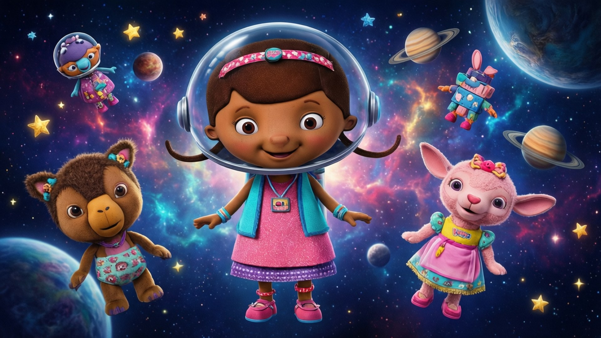 小醫生的太空冒險 壁紙 — Doc McStuffins 和她的玩具朋友們在充滿行星和星星的充滿活力的宇宙場景中快樂地漂浮。