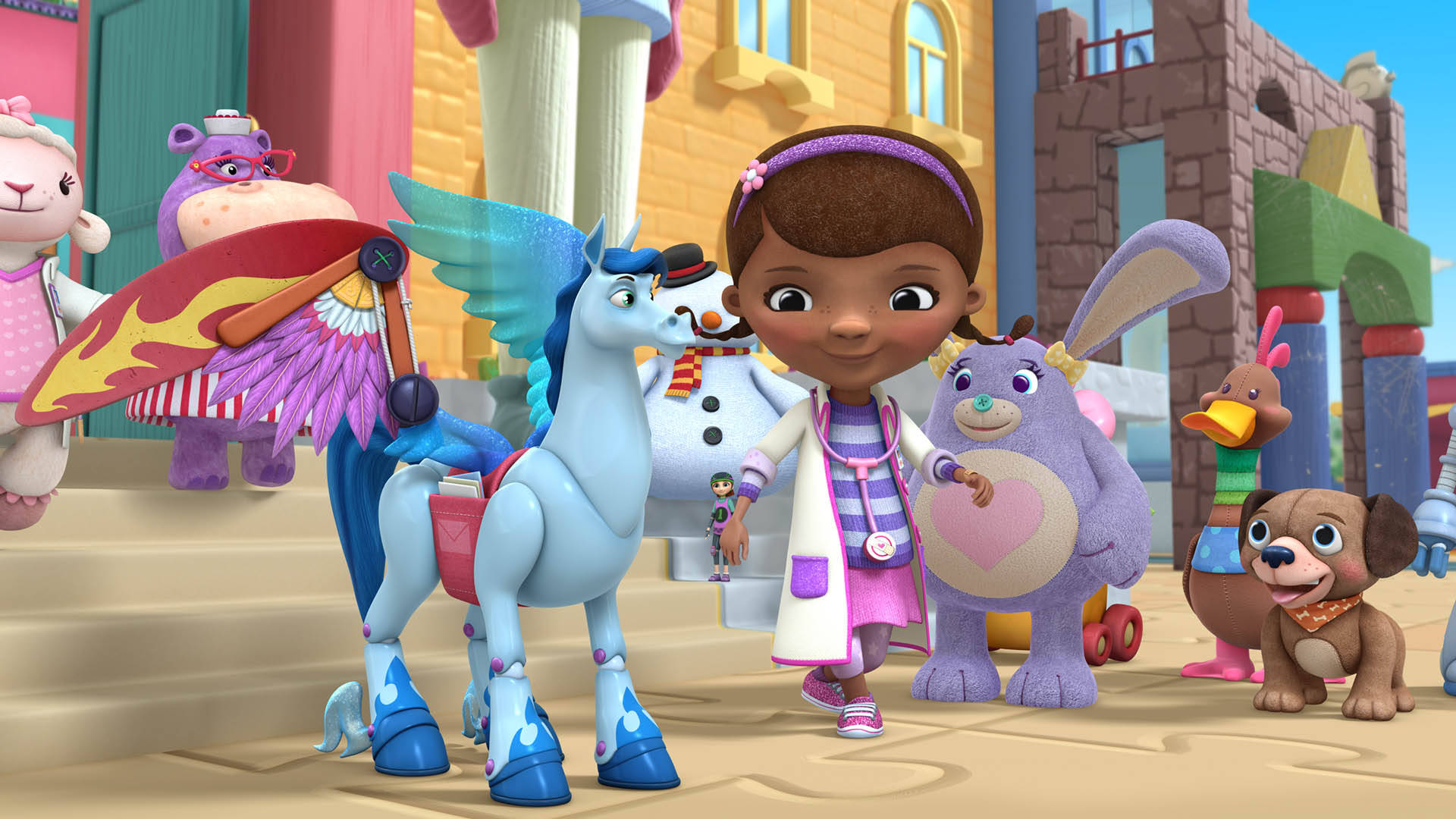 小醫生麥克史東芬斯照顧古斯 壁紙 — Doc McStuffins 和她的玩具朋友們在晴朗的天空下聚集在一個色彩繽紛的卡通小鎮。
