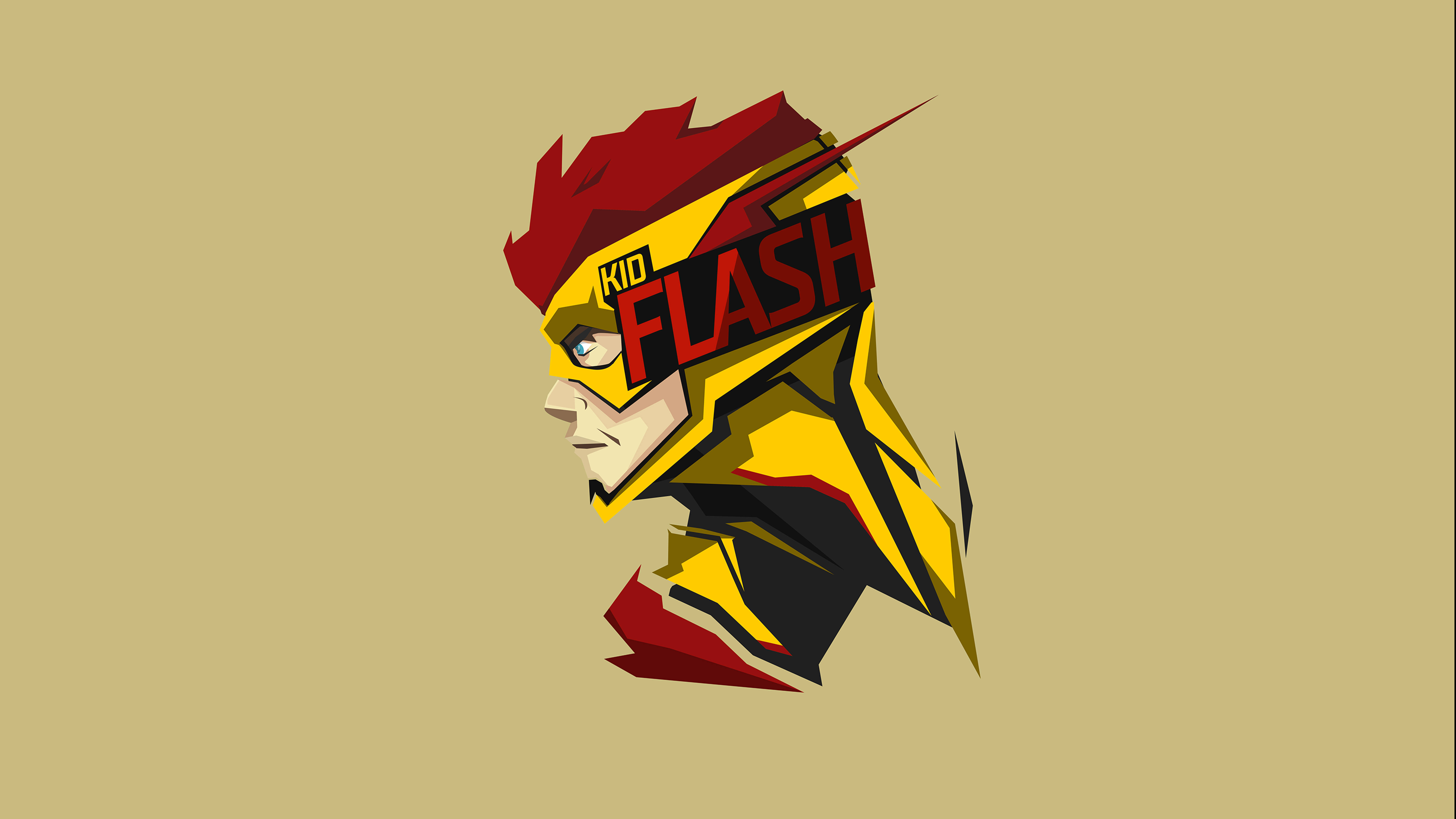 小閃電向量藝術圖 壁紙 — 一個風格化的幾何肖像，描繪了Kid Flash，以紅色、黃色和黑色為主，背景為米色。