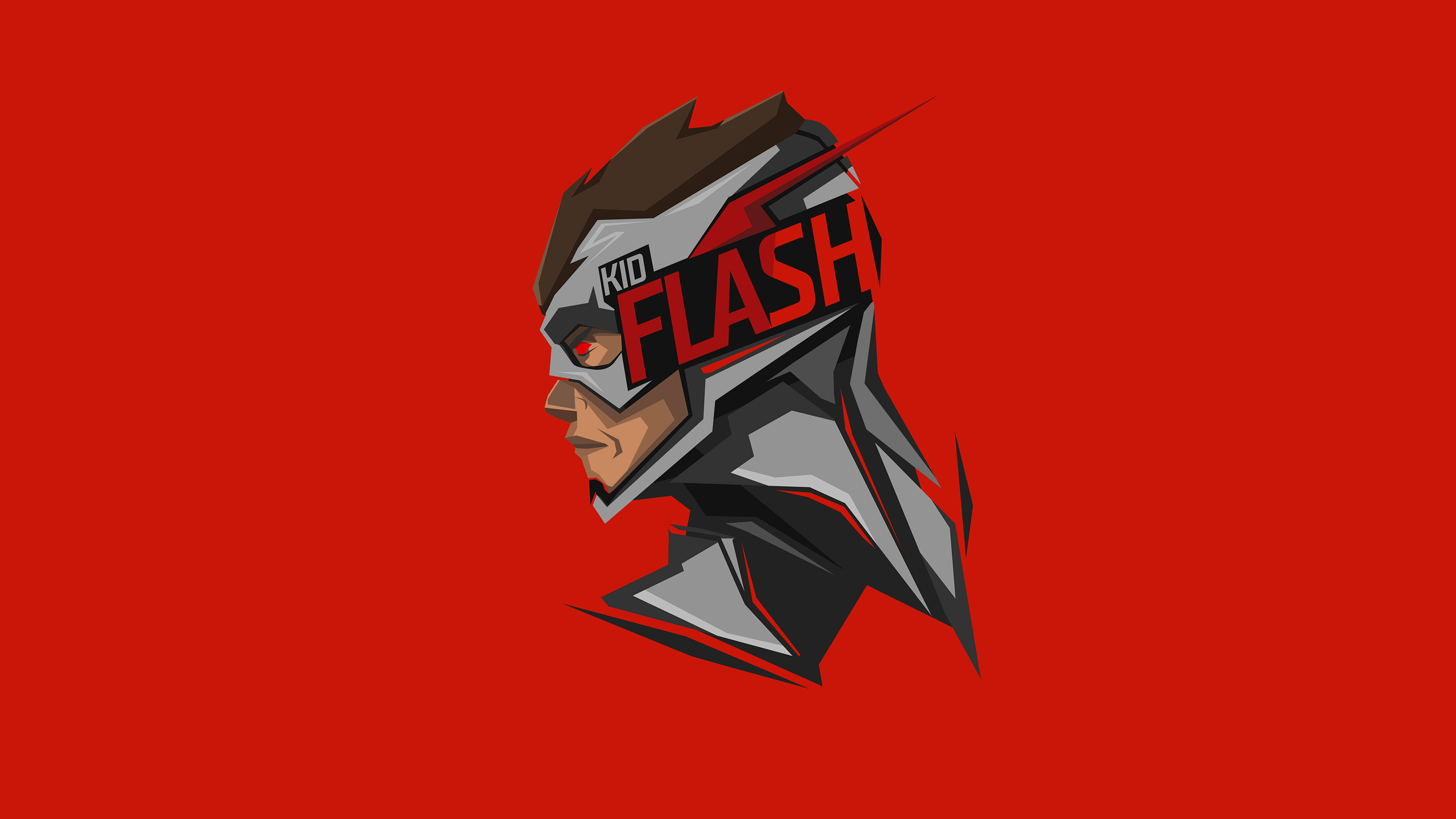 小閃電與敵人 壁紙 — Kid Flash 的風格化數碼藝術肖像，以側面輪廓呈現，背景為純紅色，帶有銳利的幾何線條。