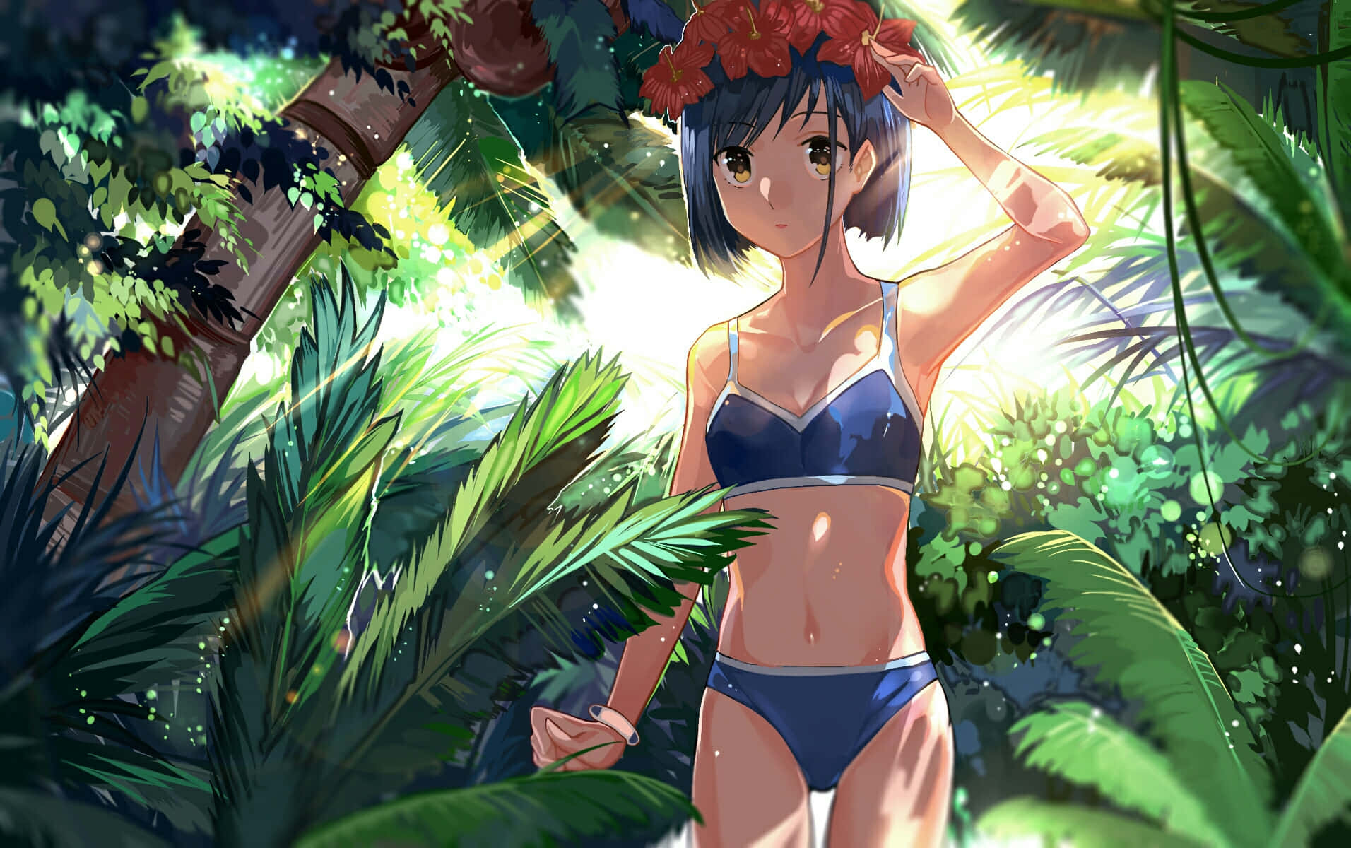 小隊救援：Hiro、Zero Two 及其他FRANXX兒童聯手對抗Klaxosaurs 壁紙 — 一位藍髮動漫女孩穿著藍色比基尼和紅色花冠，站在茂密的綠色叢林葉片中，陽光透過樹葉灑落。