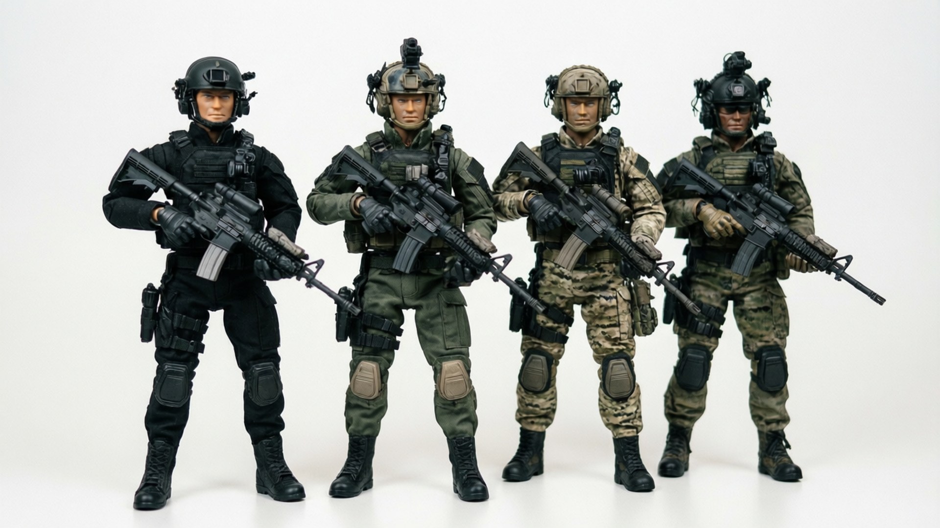 四名身穿戰術裝備的士兵手持步槍排成一排，背景為白色。