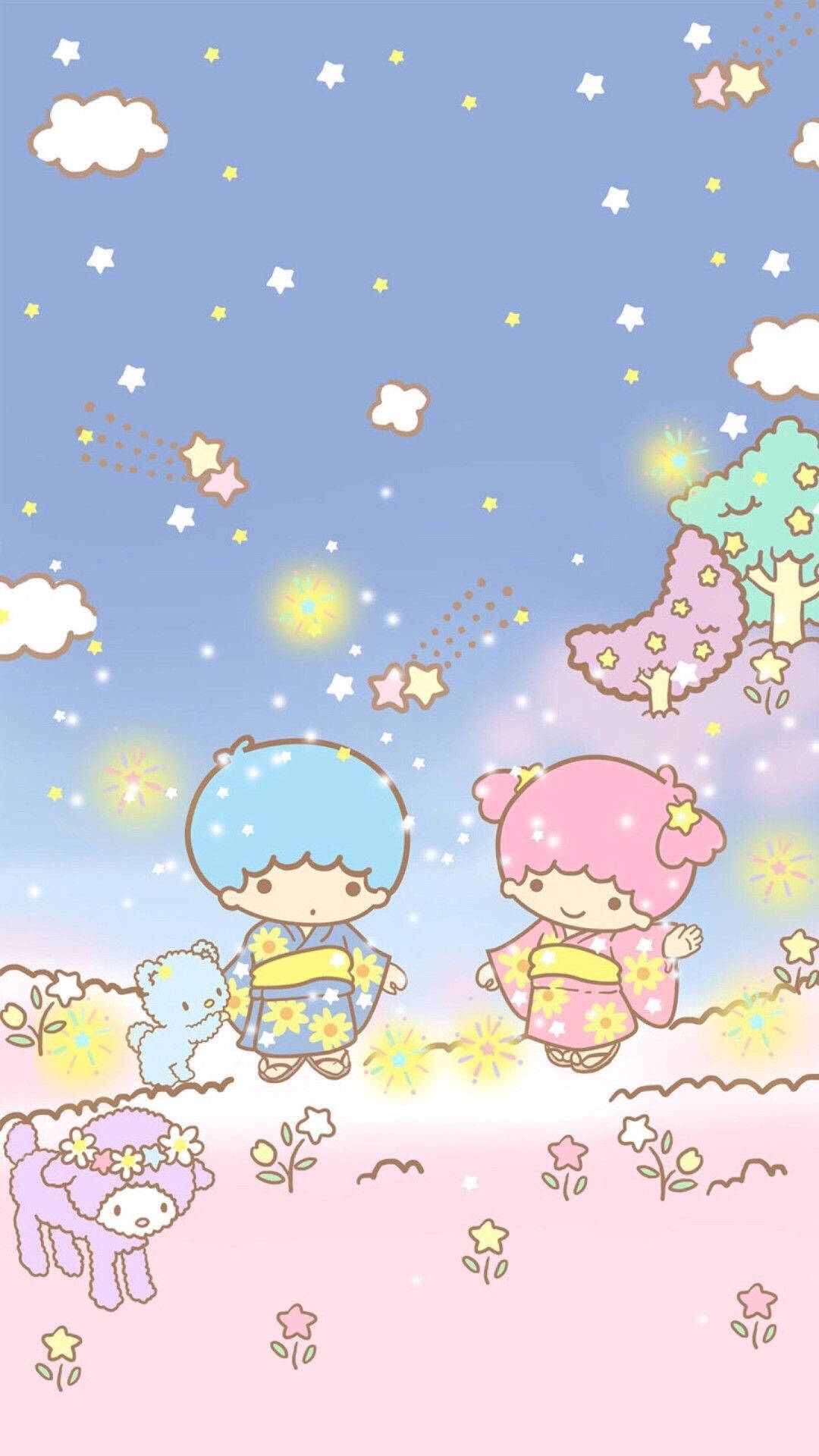 小雙星穿和服 壁紙 — 兩個可愛的卡通小孩穿著和服，在星空下的田野裡和一隻毛茸茸的狗散步，天空是粉彩色的。