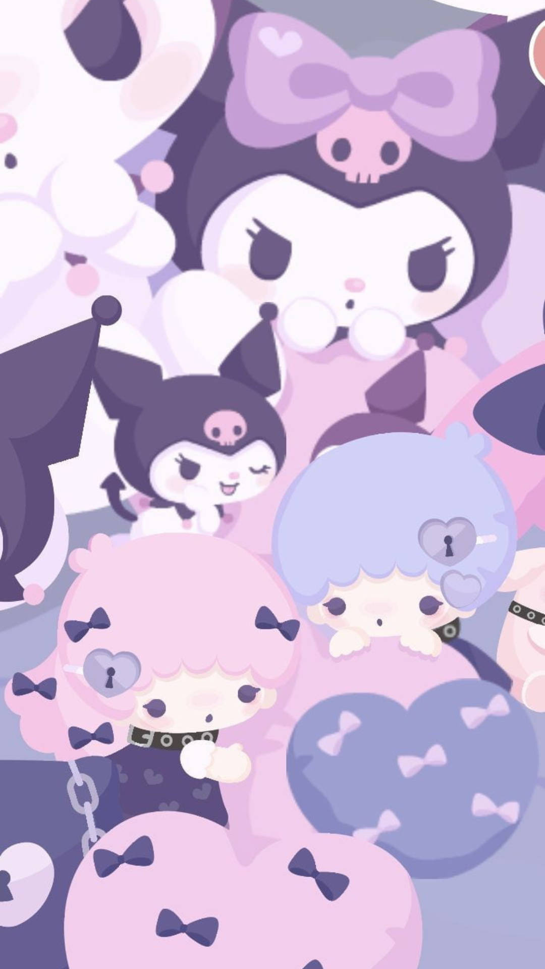 小雙星與My Melody、Kuromi 壁紙 — 一款可愛的粉彩壁紙， featuring Sanrio 角色如 Kuromi 和 My Melody 在一個俏皮的群組中。