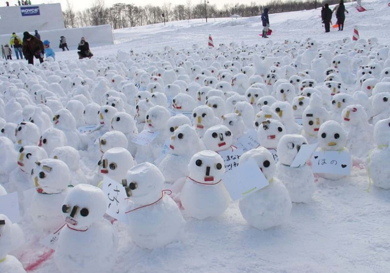 數百個帶有手寫便條的小雪人在雪地上。
