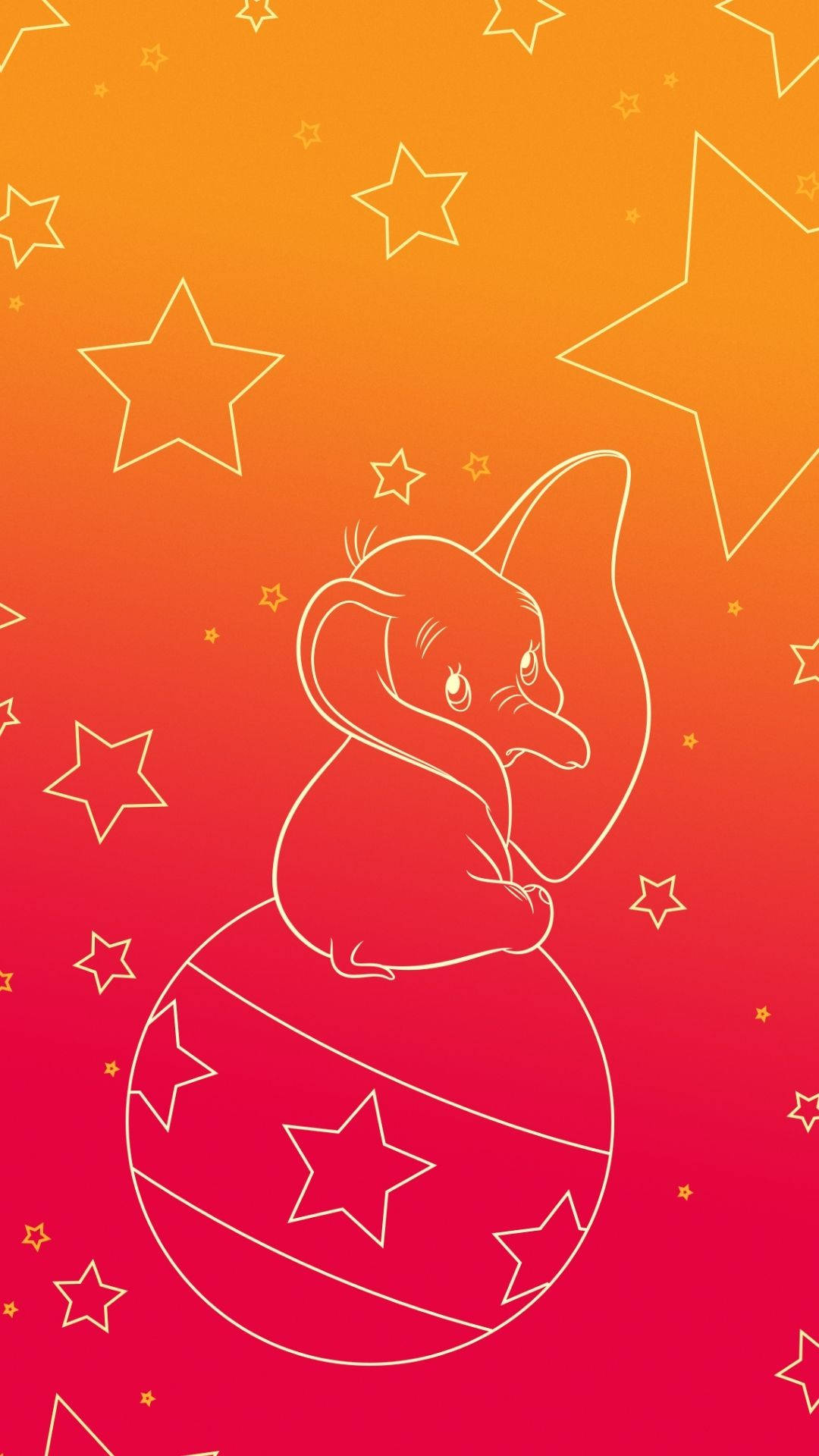 小飛象Dumbo與閃耀星辰 壁紙 — 一隻可愛的大象坐在星形圖案的球上，背景是溫暖的漸變天空，充滿了輪廓星星。