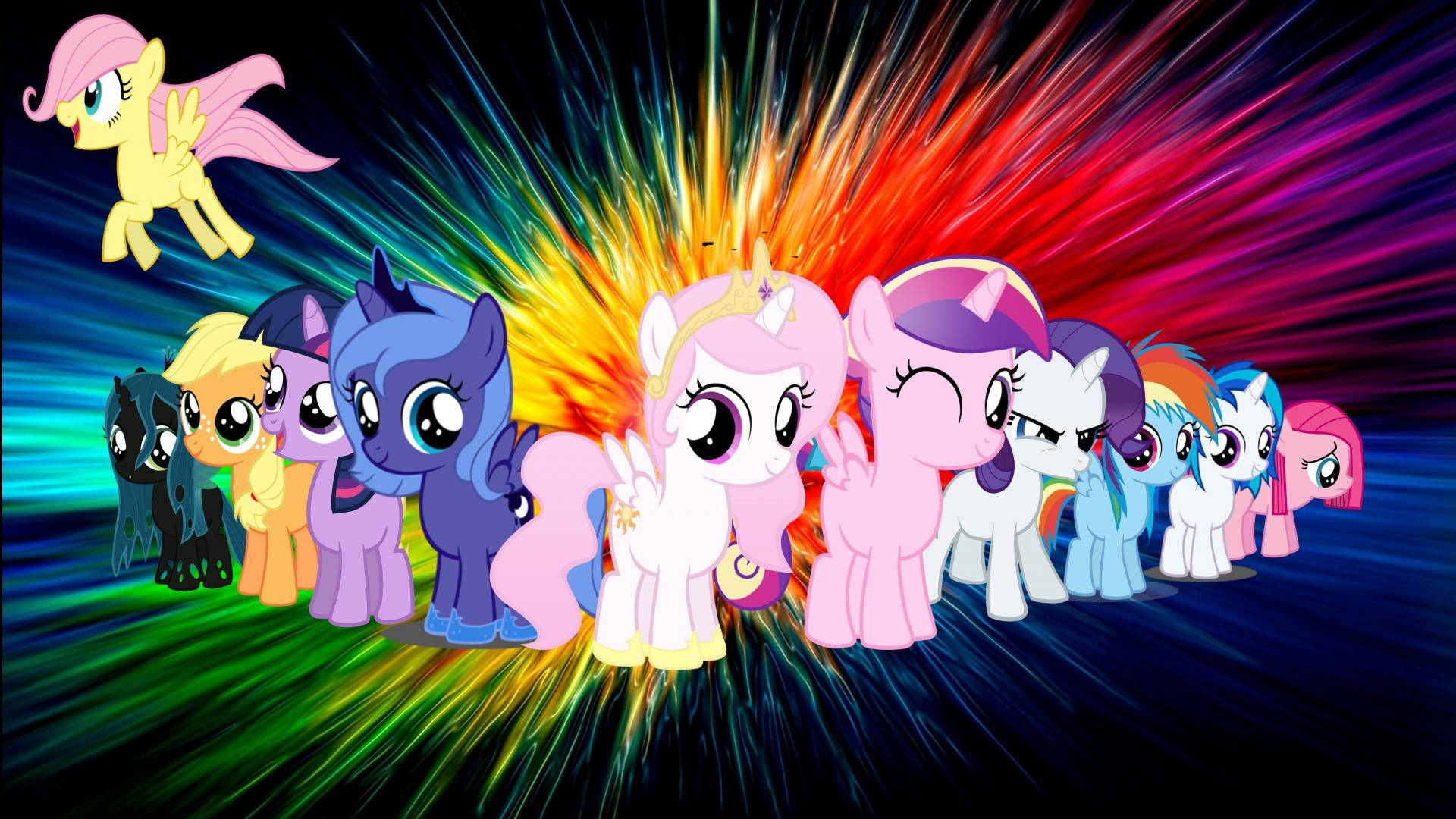 一群My Little Pony角色站在太空中一道燦爛的彩虹爆炸前。