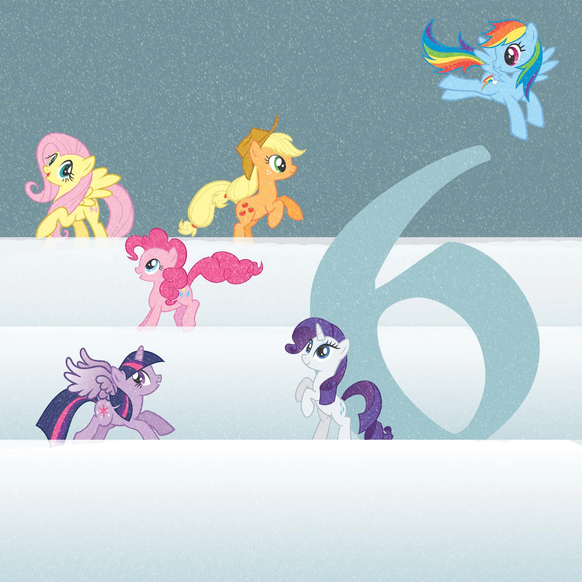 小馬寶莉六位主角圖像 壁紙 — 六個色彩繽紛的My Little Pony角色站在雪地中，背景有一個大數字六。