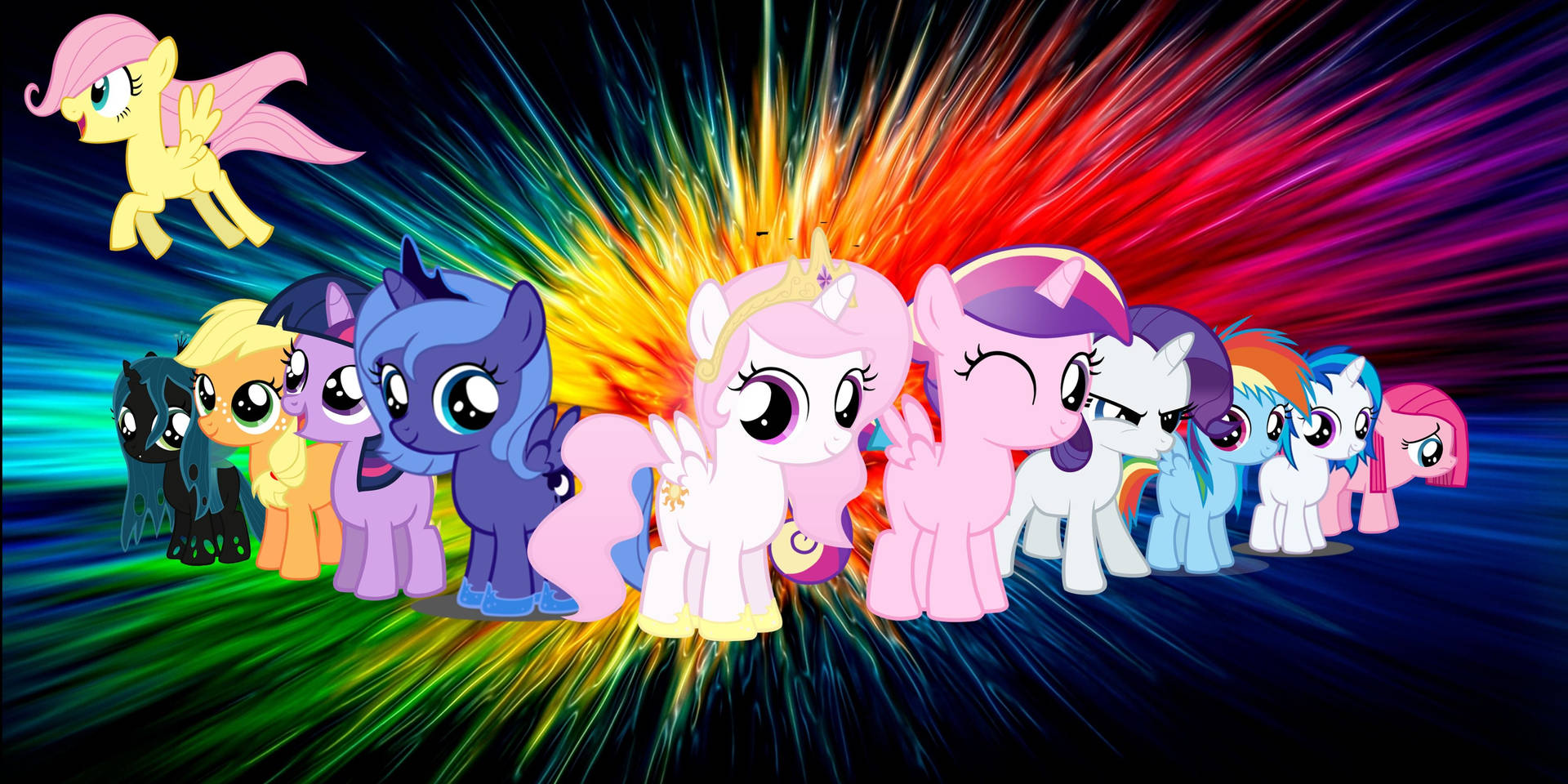 一群 My Little Pony 角色在耀眼的彩虹爆炸前擺姿勢。