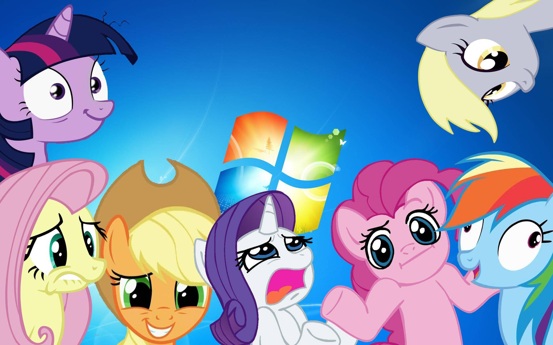 My Little Pony 角色聚集在 Windows 標誌周圍。