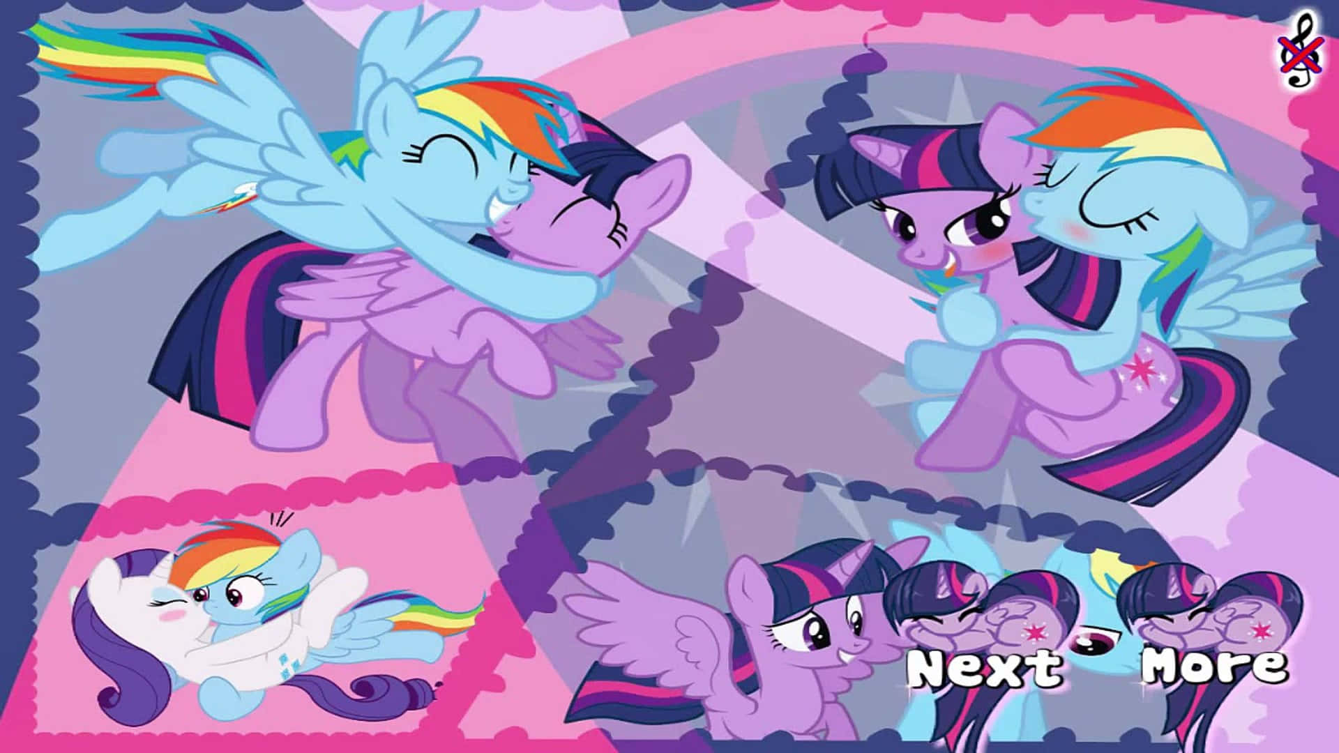 小馬寶莉更多內容圖 壁紙 — Rainbow Dash 和 Twilight Sparkle 在充滿活力的粉紅色和紫色插圖壁紙中分享親密時刻。