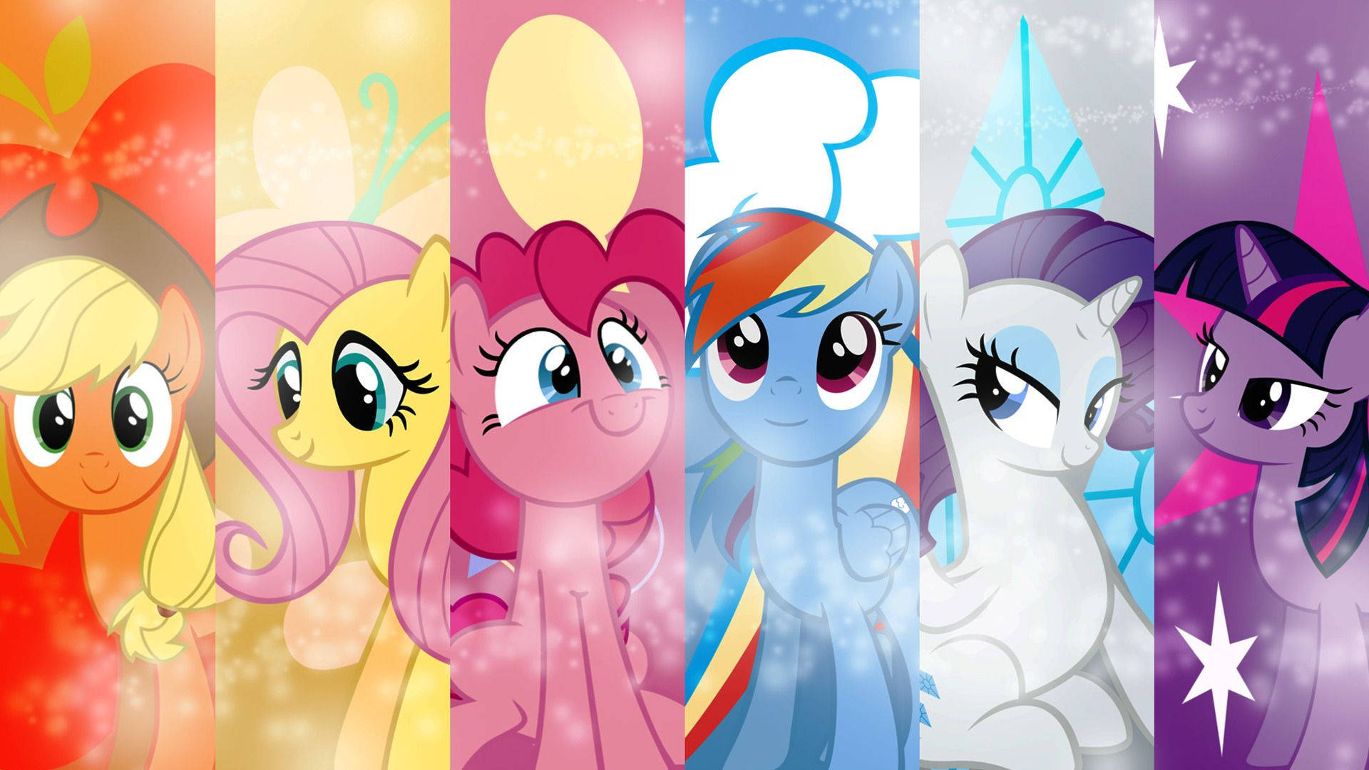 六個 My Little Pony 角色在色彩繽紛的垂直面板中，帶有光芒和主題背景。