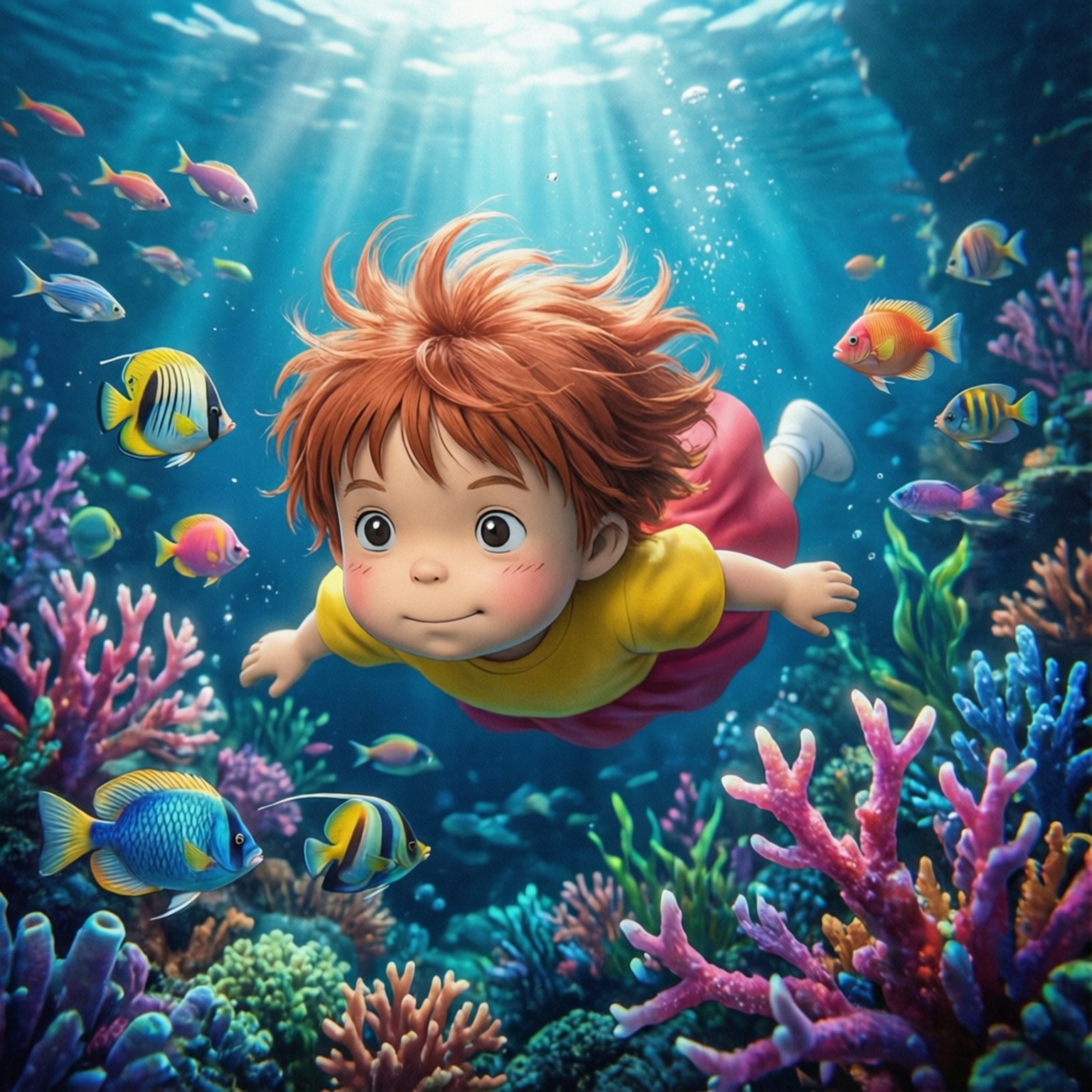 一個小孩喺陽光普照嘅海中喺色彩繽紛嘅魚同珊瑚之間快樂噉游水。