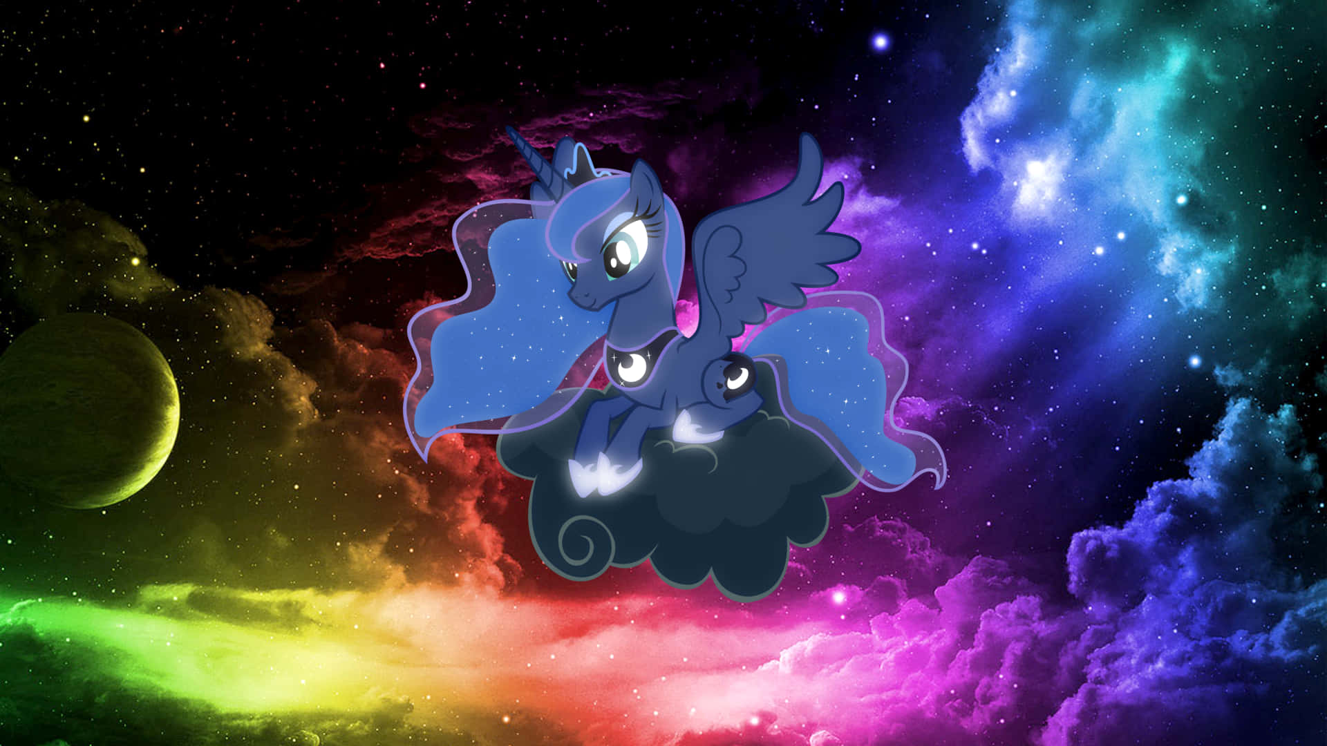藍色有翼獨角獸在雲上飛過色彩繽紛的星空星雲。