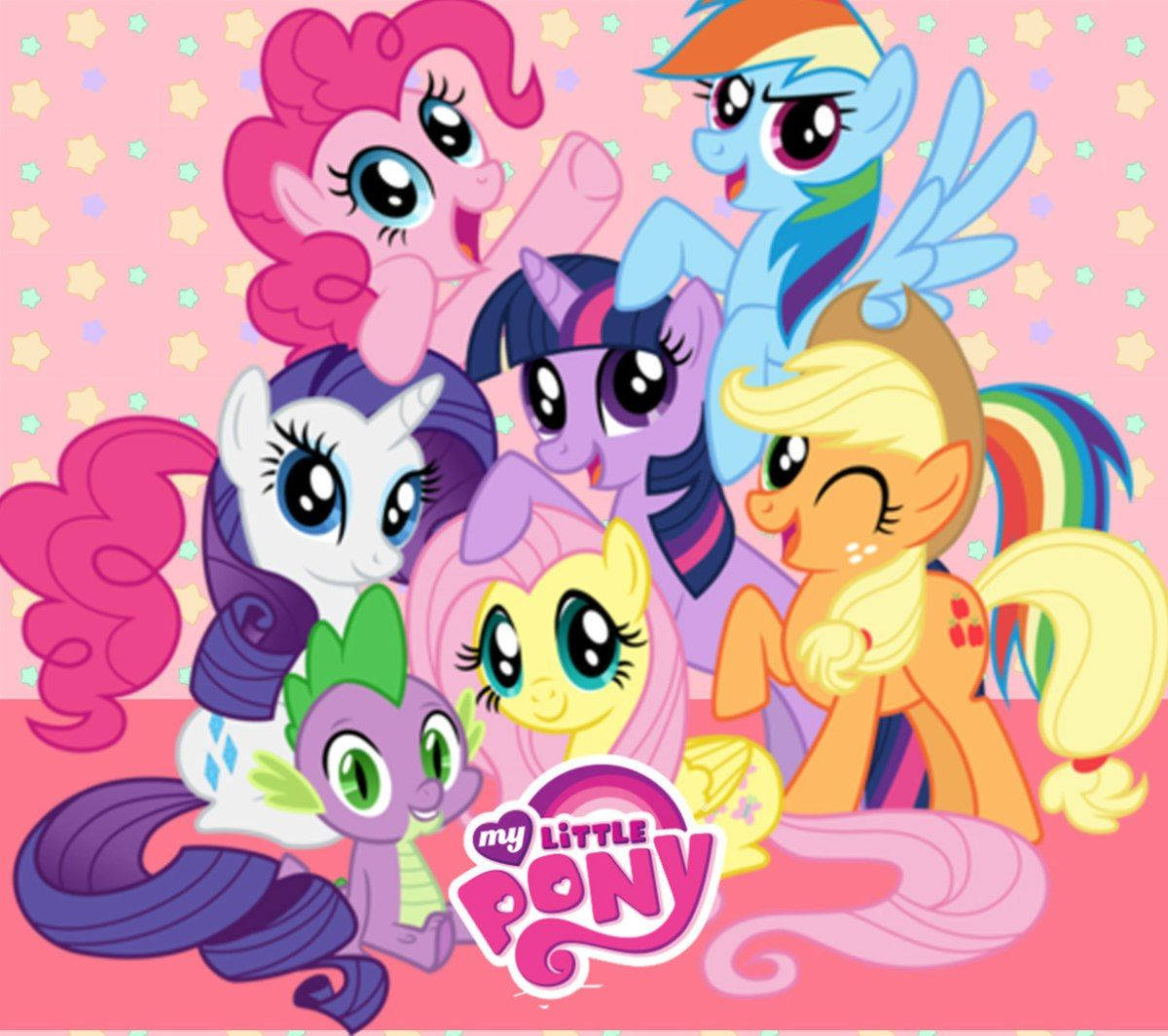 六個My Little Pony角色在粉紅色星空背景下微笑並一起擺姿勢。