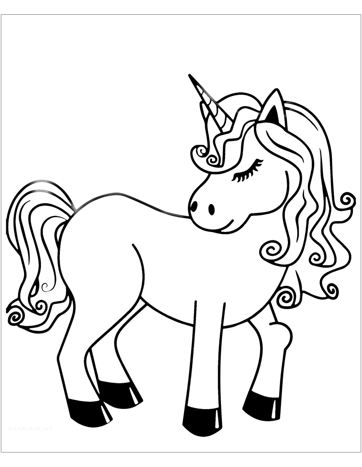 小馬線條素描圖 壁紙 — 一隻可愛的卡通獨角獸，閉著眼睛，捲曲的鬃毛，以簡單的黑白線條畫呈現。