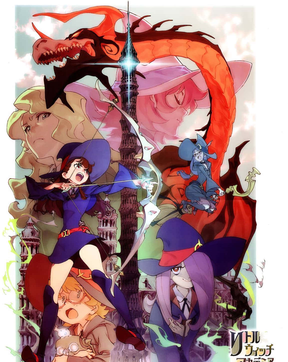 小魔女學園 創意插畫 壁紙 — 一幅動態動畫插圖，描繪年輕女巫在哥德式城市景觀上空與巨型紅龍戰鬥。