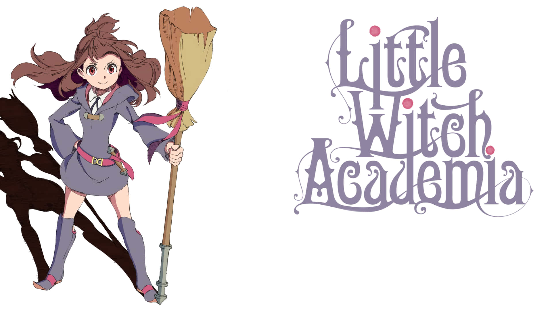 動畫女巫角色拿著掃帚，旁邊是小魔女學園標誌。