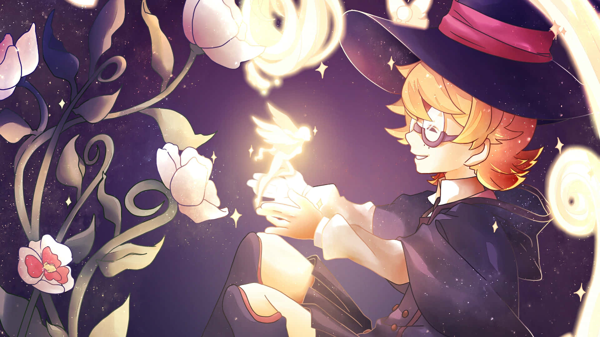 星空下，動漫女巫與發光仙女和漂浮花朵