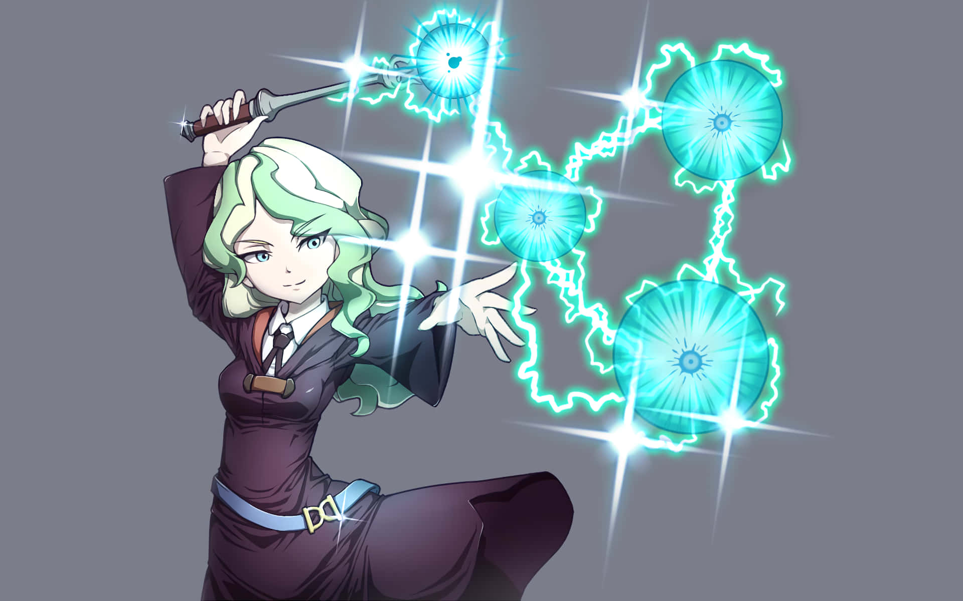 穿著校服的動畫女孩用魔杖施展發光的青色魔法。