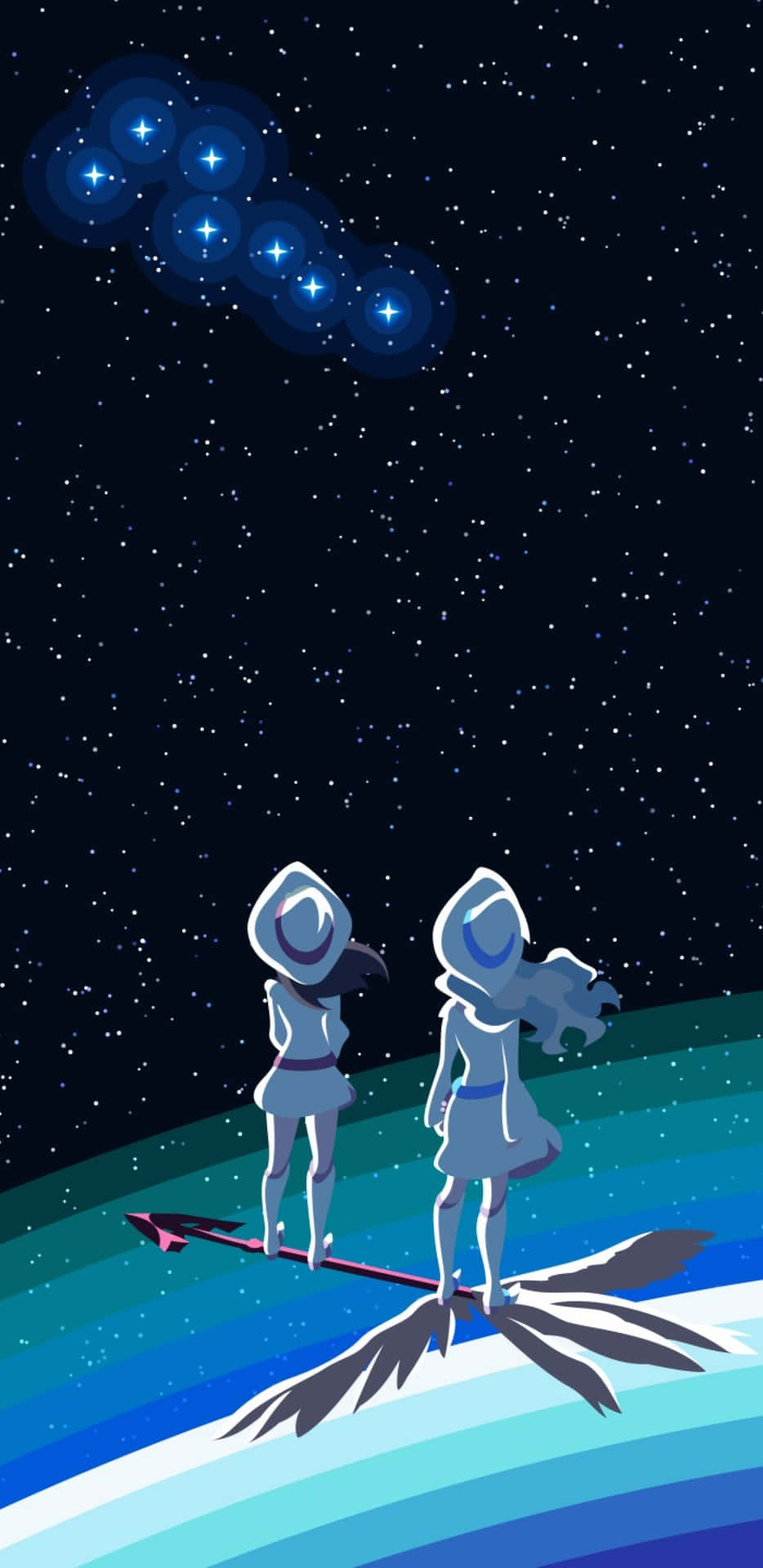 兩個戴著兜帽的身影在羽毛箭上，在繁星夜空下，有一個發光星座。
