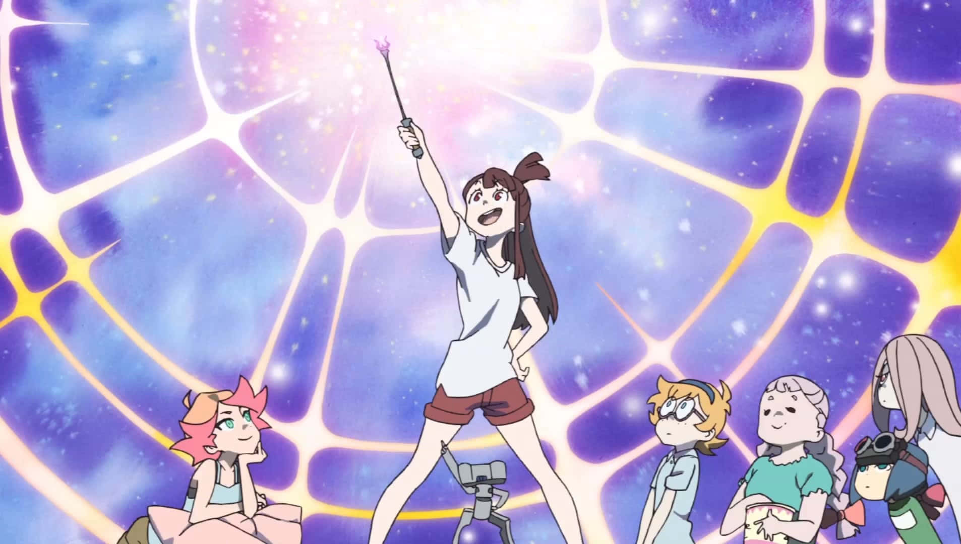 動漫角色在閃爍的宇宙網格下慶祝，女孩舉起魔法杖。