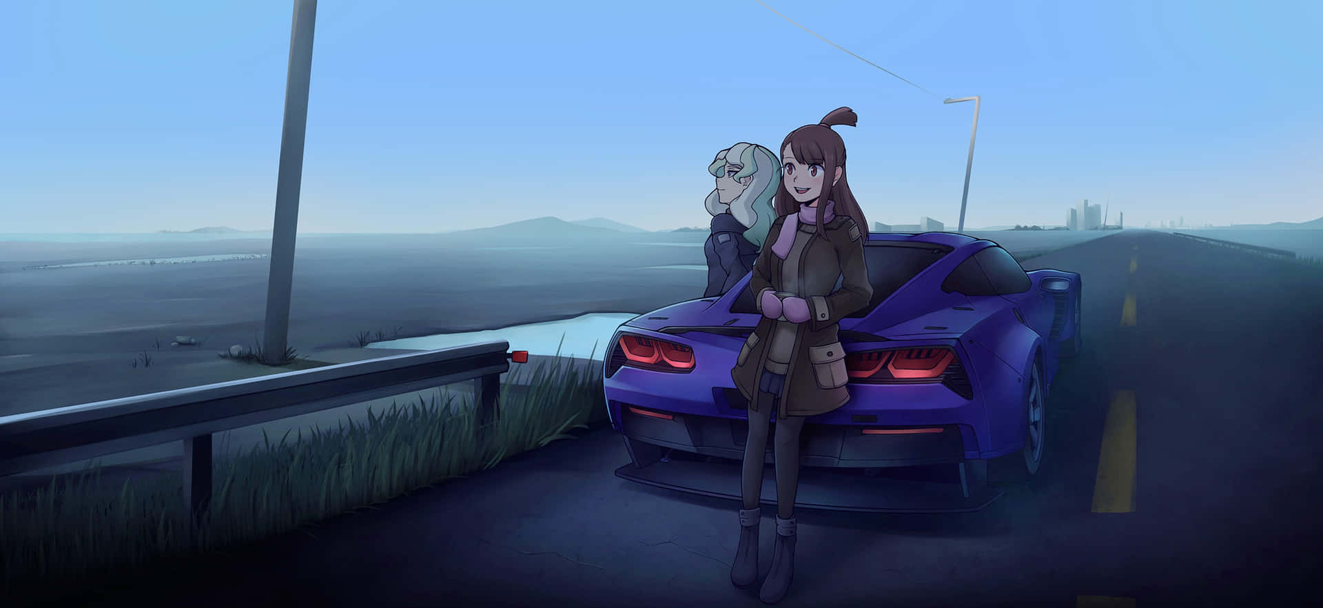 兩個動漫女孩在黃昏的海岸公路上，站在紫色跑車旁邊。
