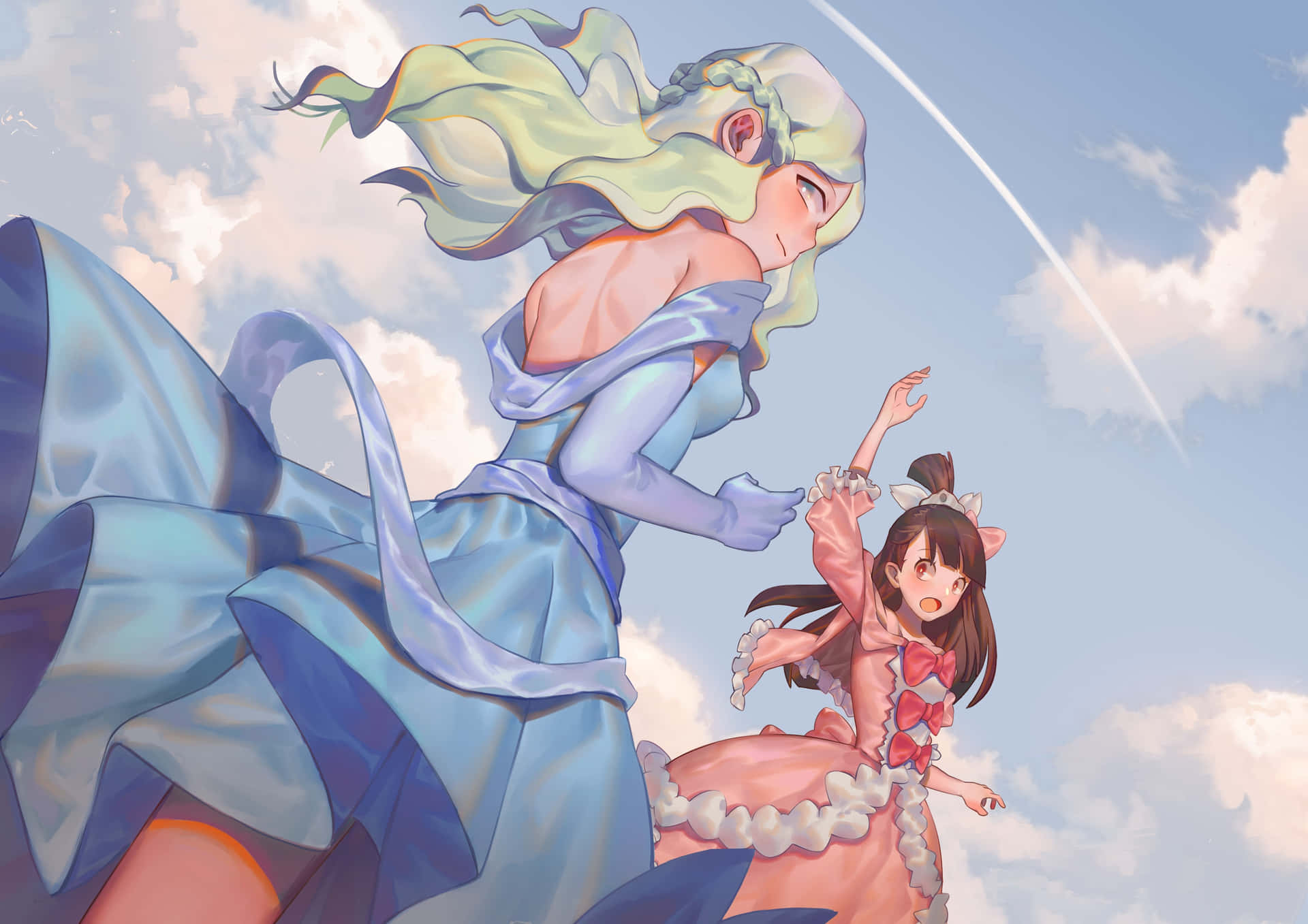 兩個動畫女孩穿著飄逸的裙子在陽光明媚的天空中飛翔，伴隨著雲朵。