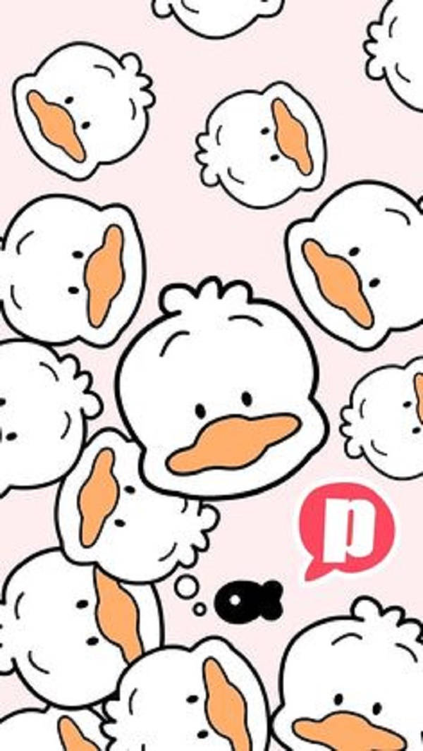小鴨佩克勒鴨子圖案 壁紙 — 可愛的卡通鴨頭，橙色鴨嘴，在柔和的粉紅色背景上頑皮地漂浮。