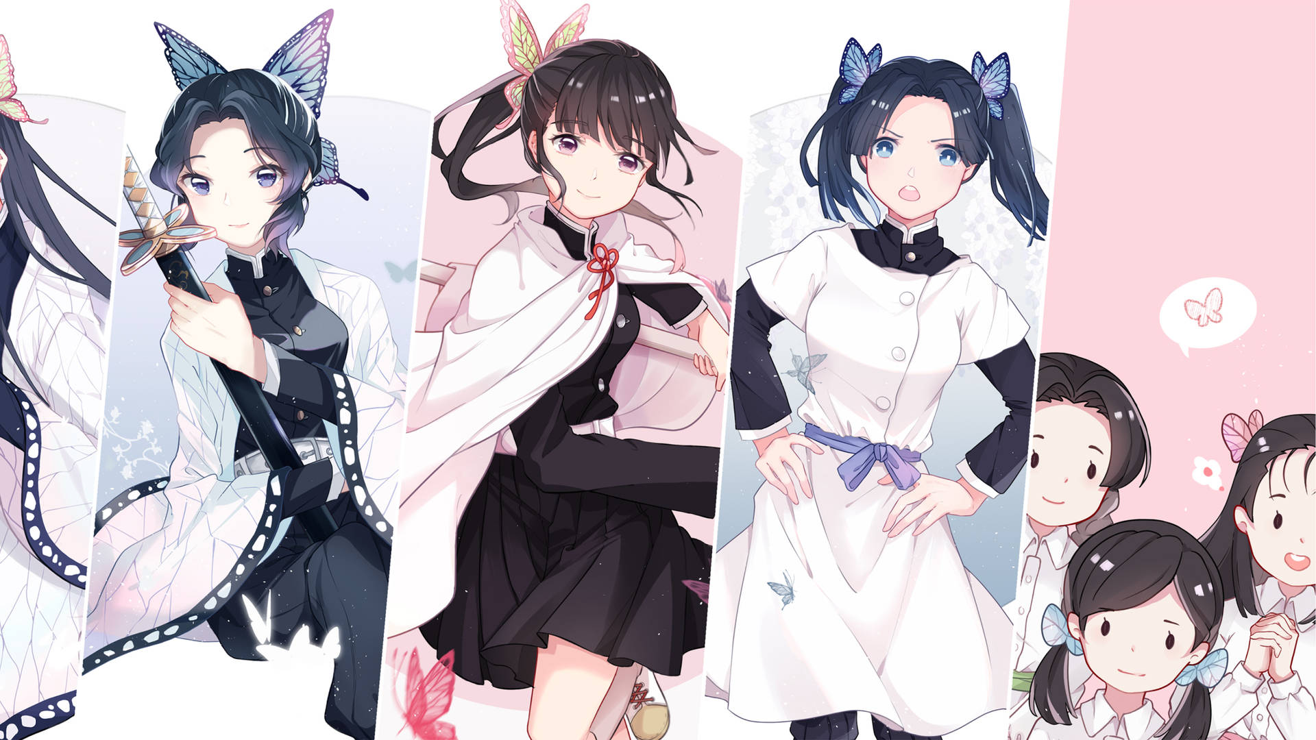 喺粉彩背景上，身穿校服、帶有蝴蝶飾物嘅動漫少女。