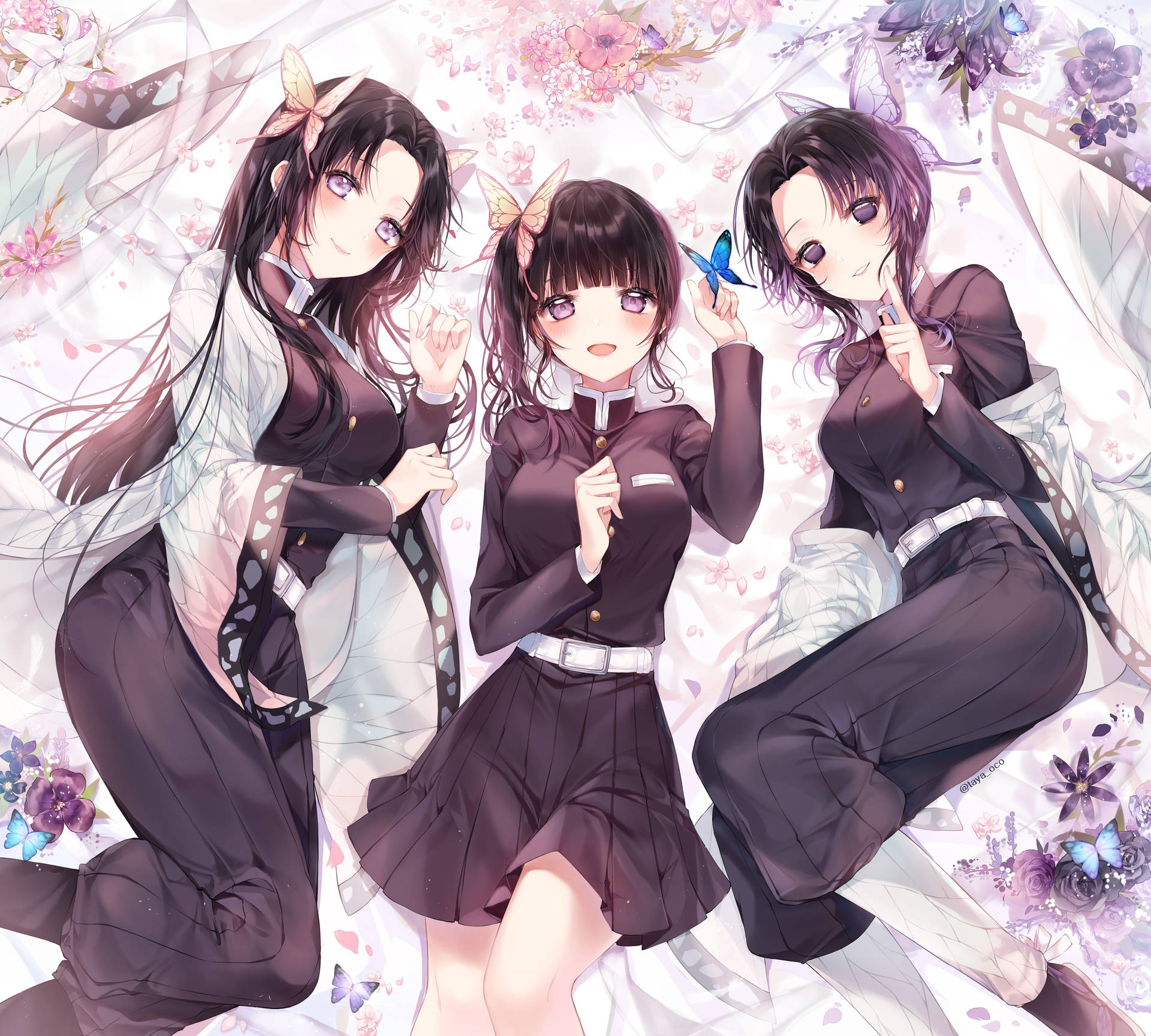 三個穿著校服嘅動漫女仔被櫻花同蝴蝶包圍。