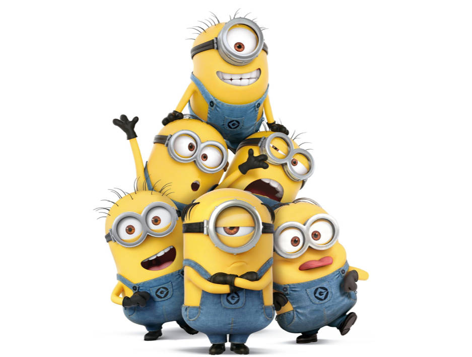 六個黃色Minions穿著藍色工裝褲，以調皮表情堆疊成金字塔。