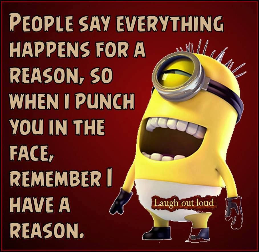一個Minion笑住，有文字講因為某個原因而打人。