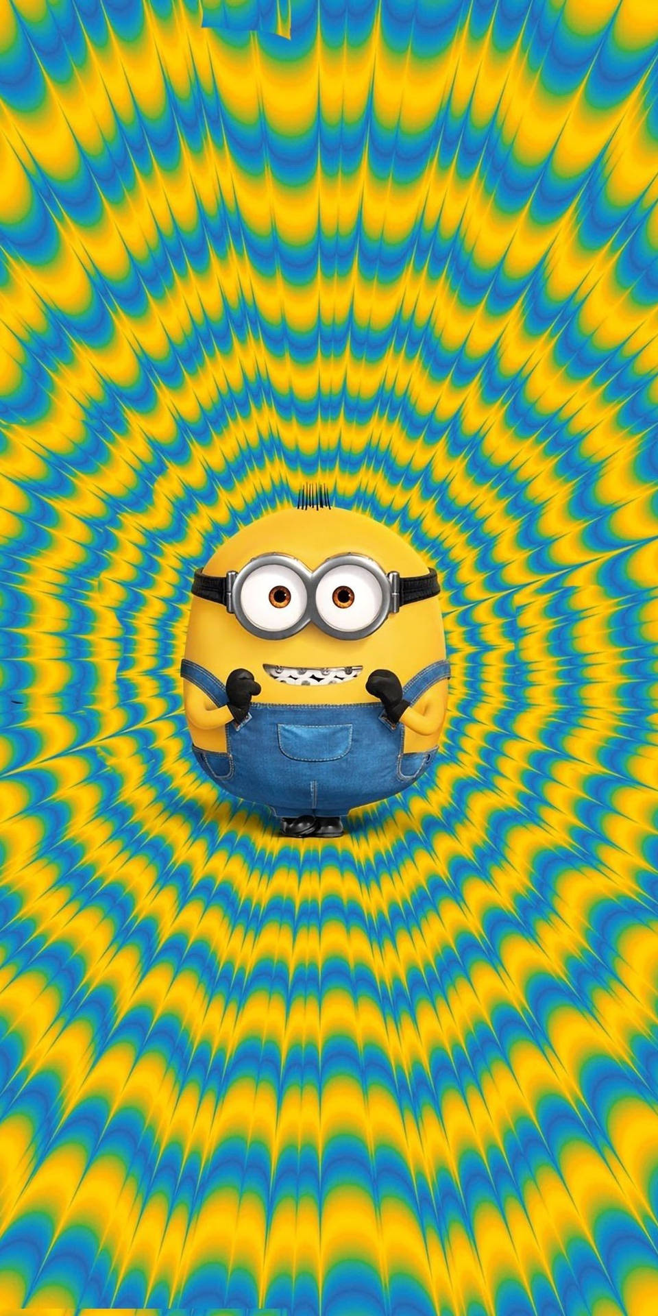 黃色Minion角色被旋轉的藍色和黃色圖案包圍。