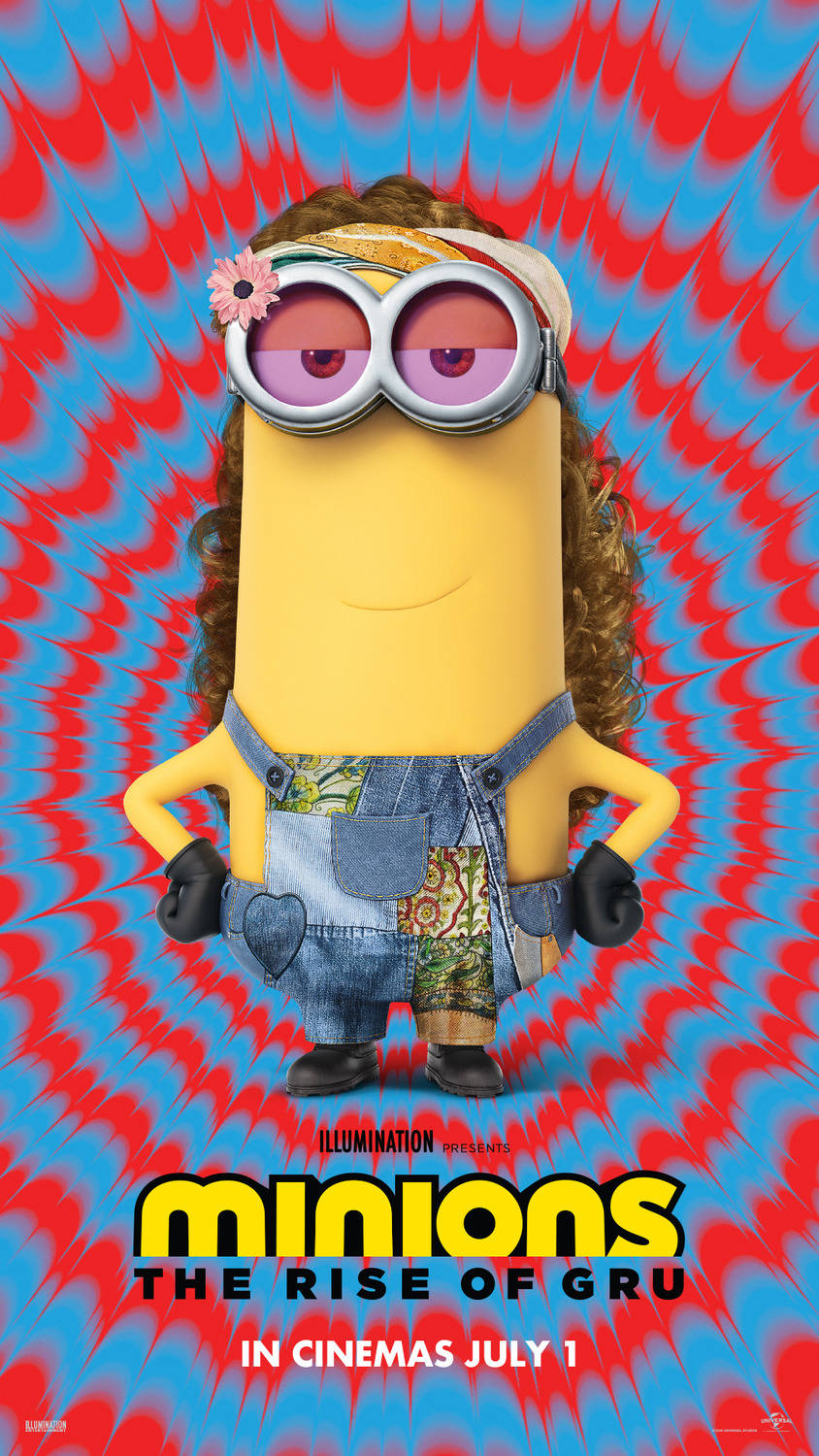 一個黃色動畫Minion，戴住護目鏡同牛仔工人褲，喺紅色同藍色漩渦背景上面。