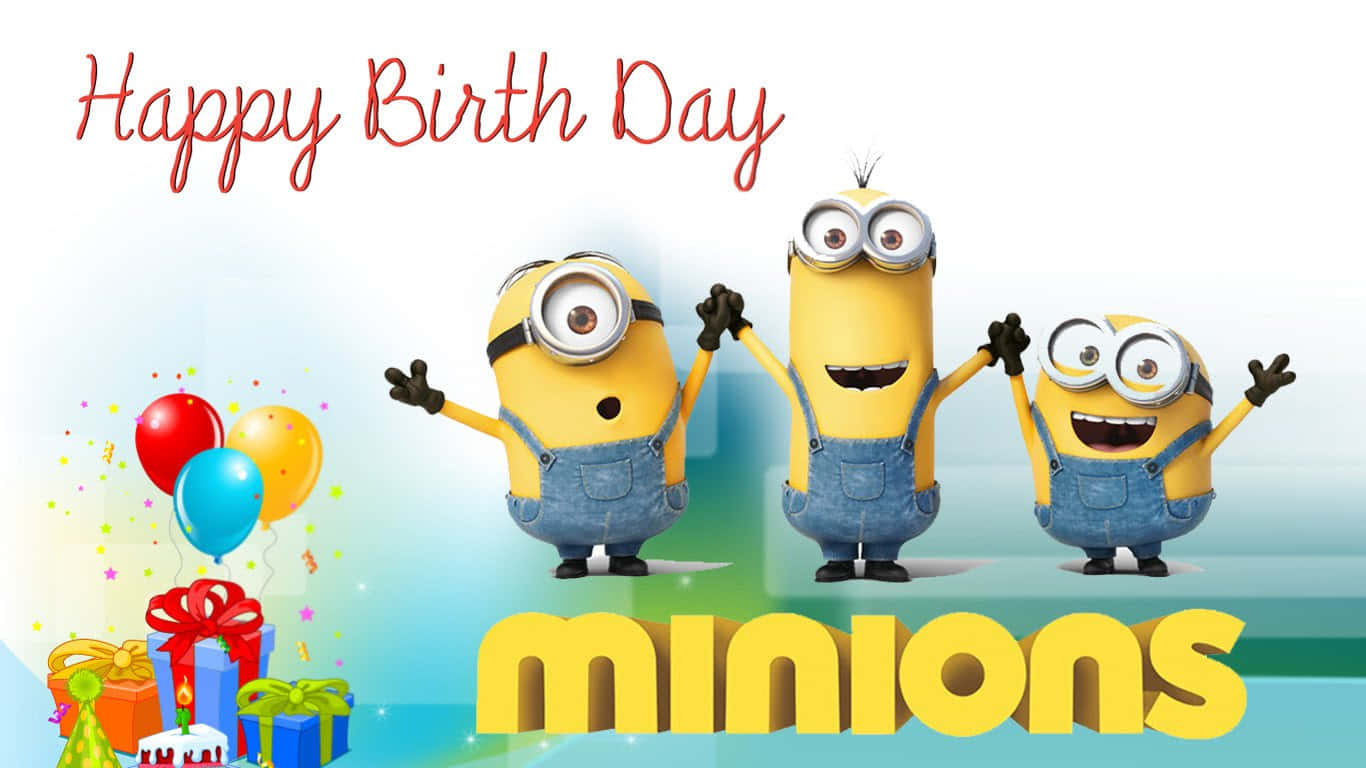 三個Minions用氣球和禮物慶祝生日。