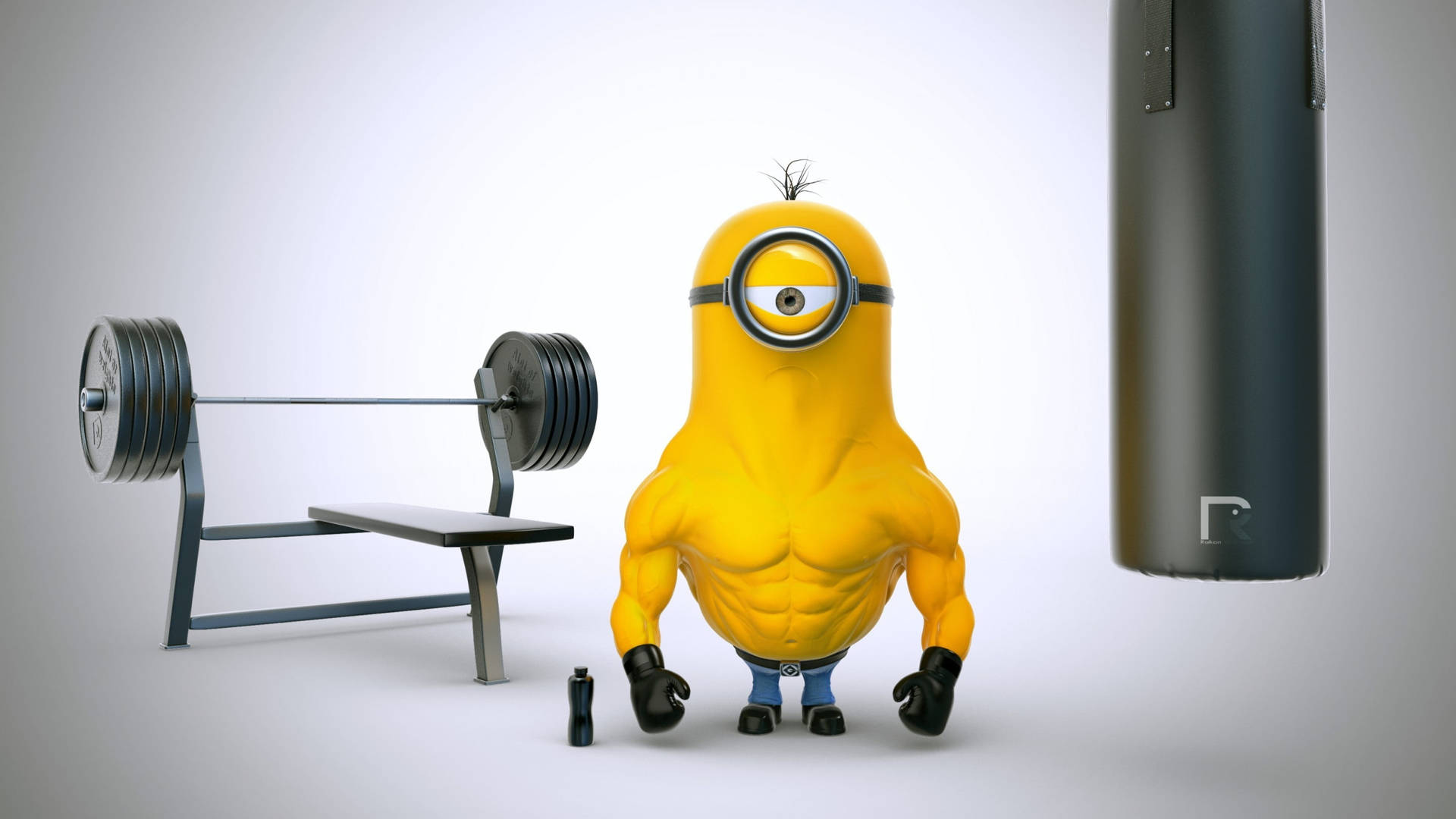 肌肉發達的黃色Minion在健身房，有槓鈴和沙包。