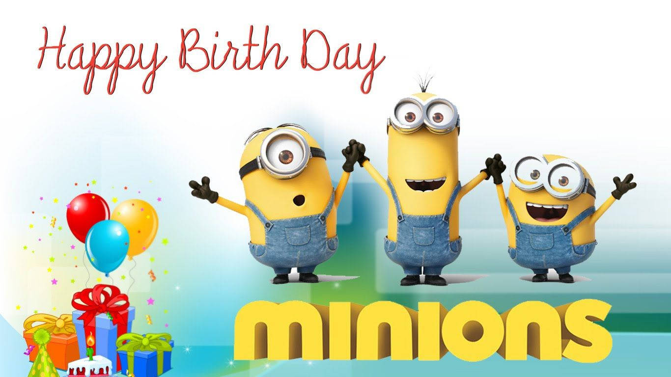 三個Minions在明亮的節日燈光下用氣球和禮物慶祝生日。