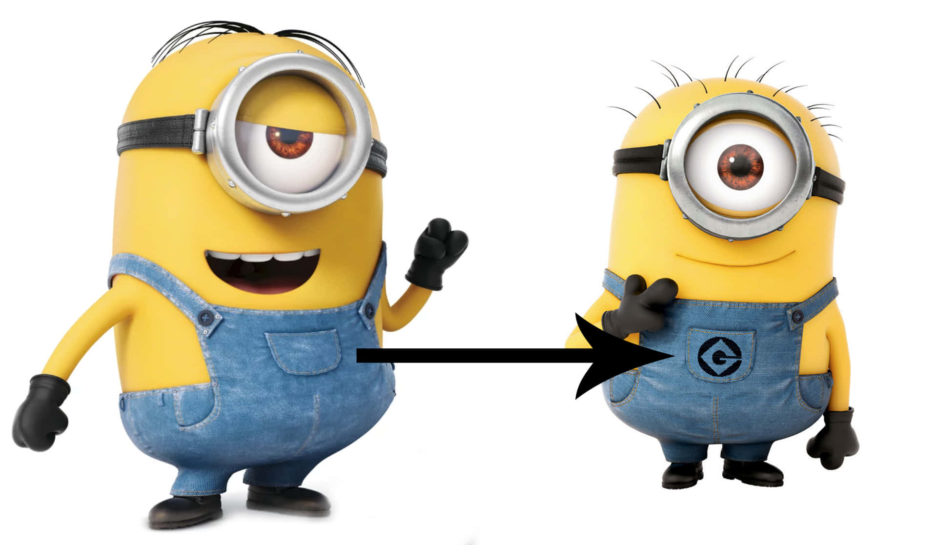 兩個穿著藍色工裝褲的Minions，其中一個指向另一個。