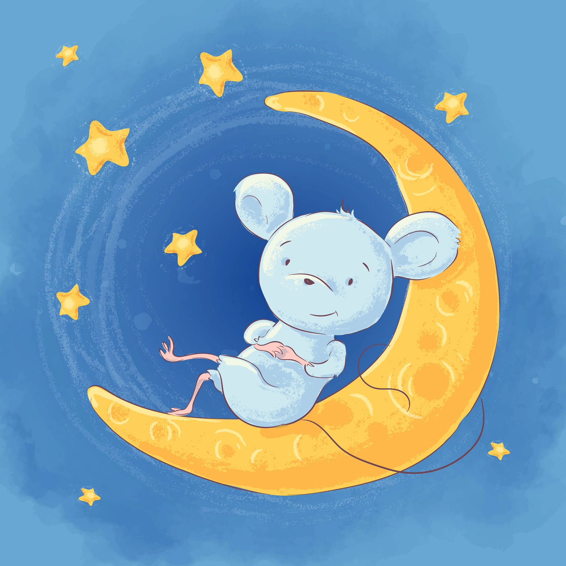 一隻睏倦的老鼠蜷縮在新月上，夜空中有星星。 — 月亮與星星動畫 壁紙