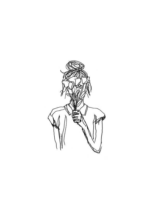 少女 doodle 美學繪畫 壁紙 — 一幅極簡線條畫，描繪一個人手持花朵遮住臉部，背景為純白色。