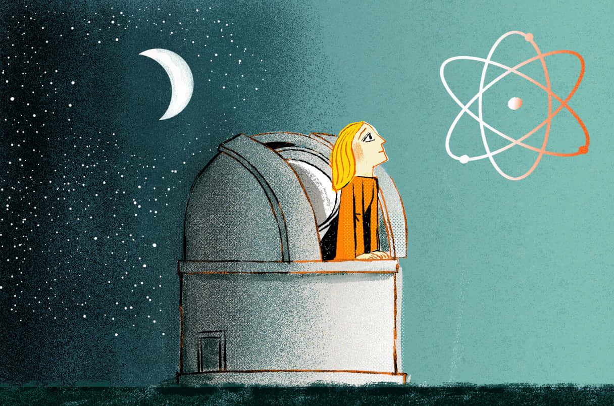 少女仰望星空的美學天文攝影 壁紙 — 一位金髮女性從望遠鏡圓頂窺視著新月和發光的原子符號，在繁星點點的夜空下。